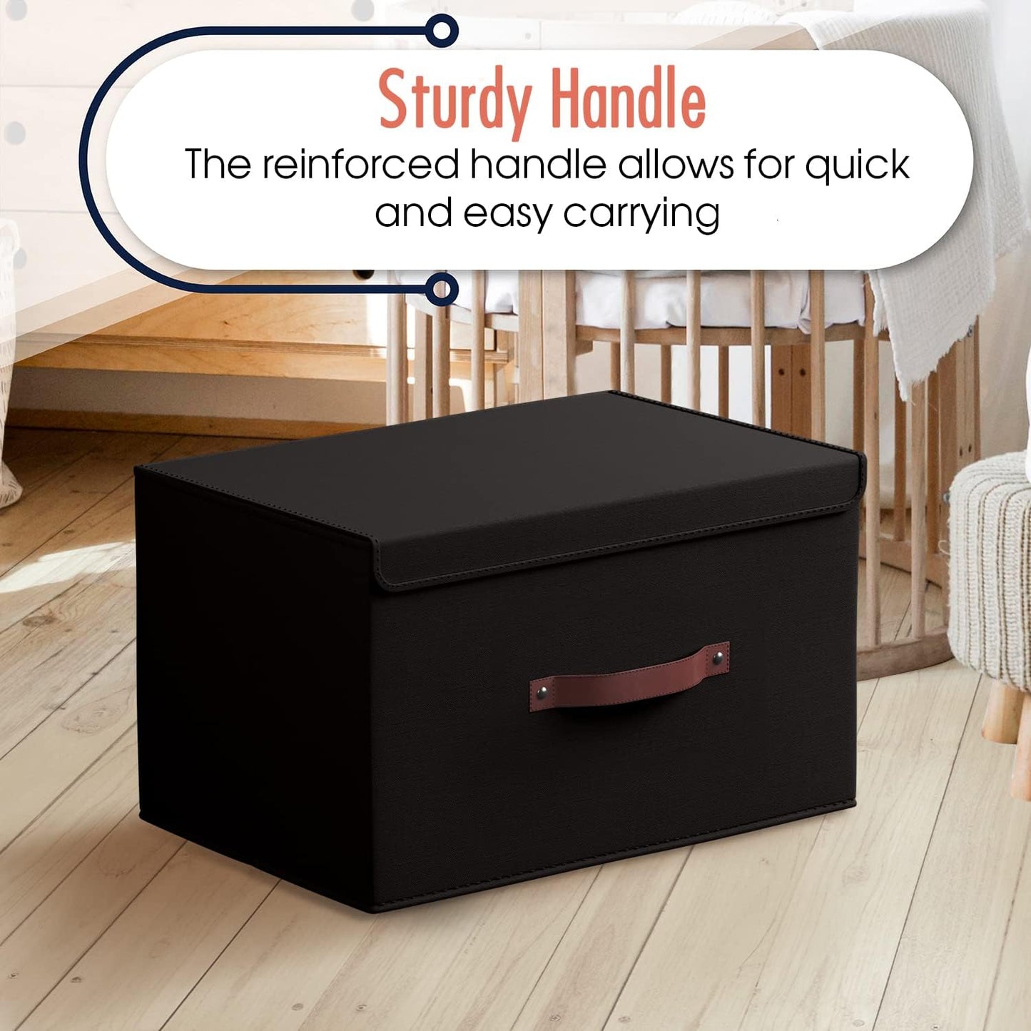 Ornavo Home 6 Pack Collapsible Storage Bins with Lid, Foldable Linen Fabric Shelf Storage Basket Closet Organizer and Large Storage Box for Clothes with Leather Handles, 16.5 x 11.8 x 7.5, Black
