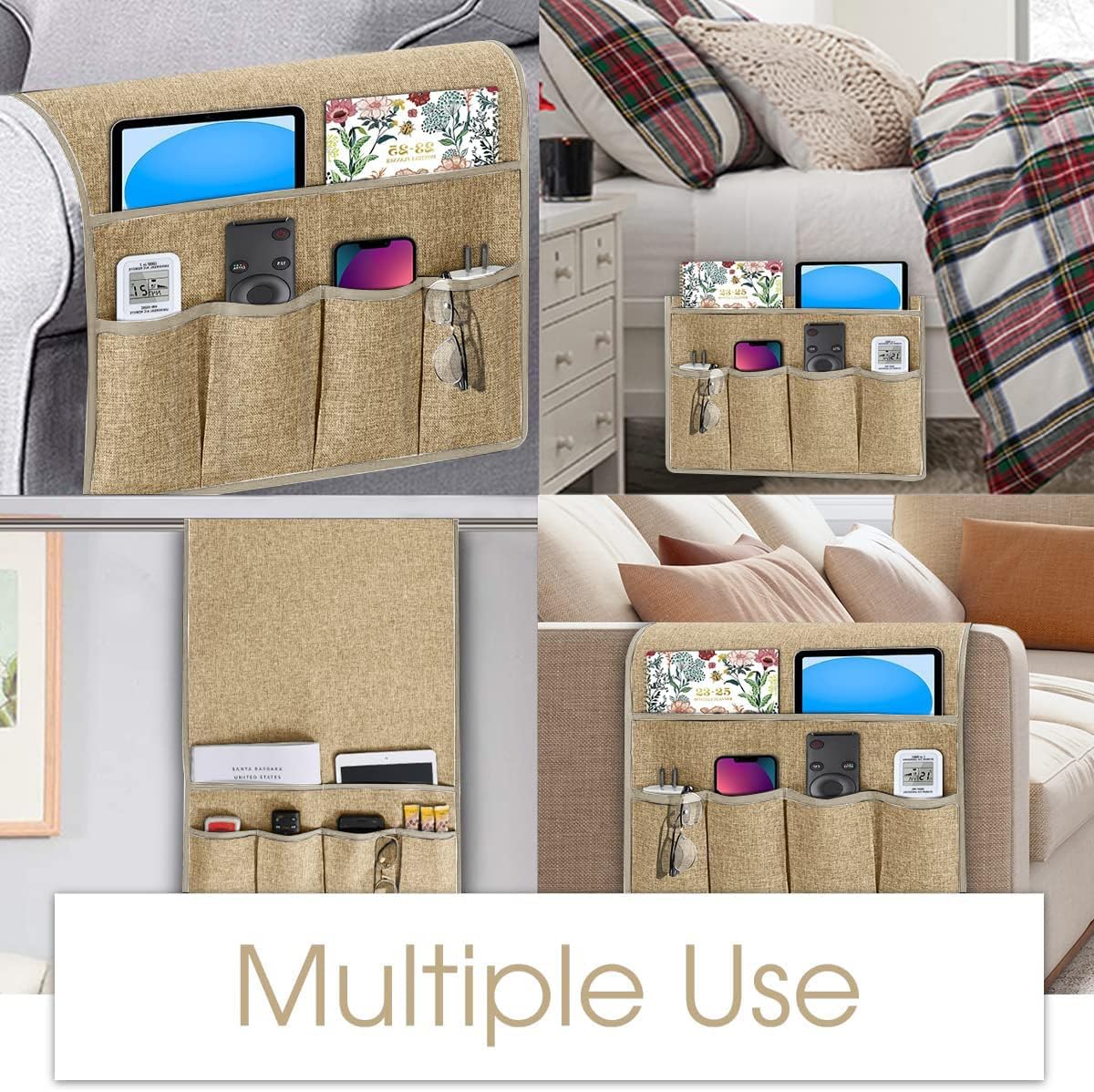 Joywell Arm Chair Caddy Remote Control Holder Organizer for Recliners Couch Armrest Organizer Non Slip with 6 Pocket Storage for Magazine, Tablet, Phone, iPad, Khaki