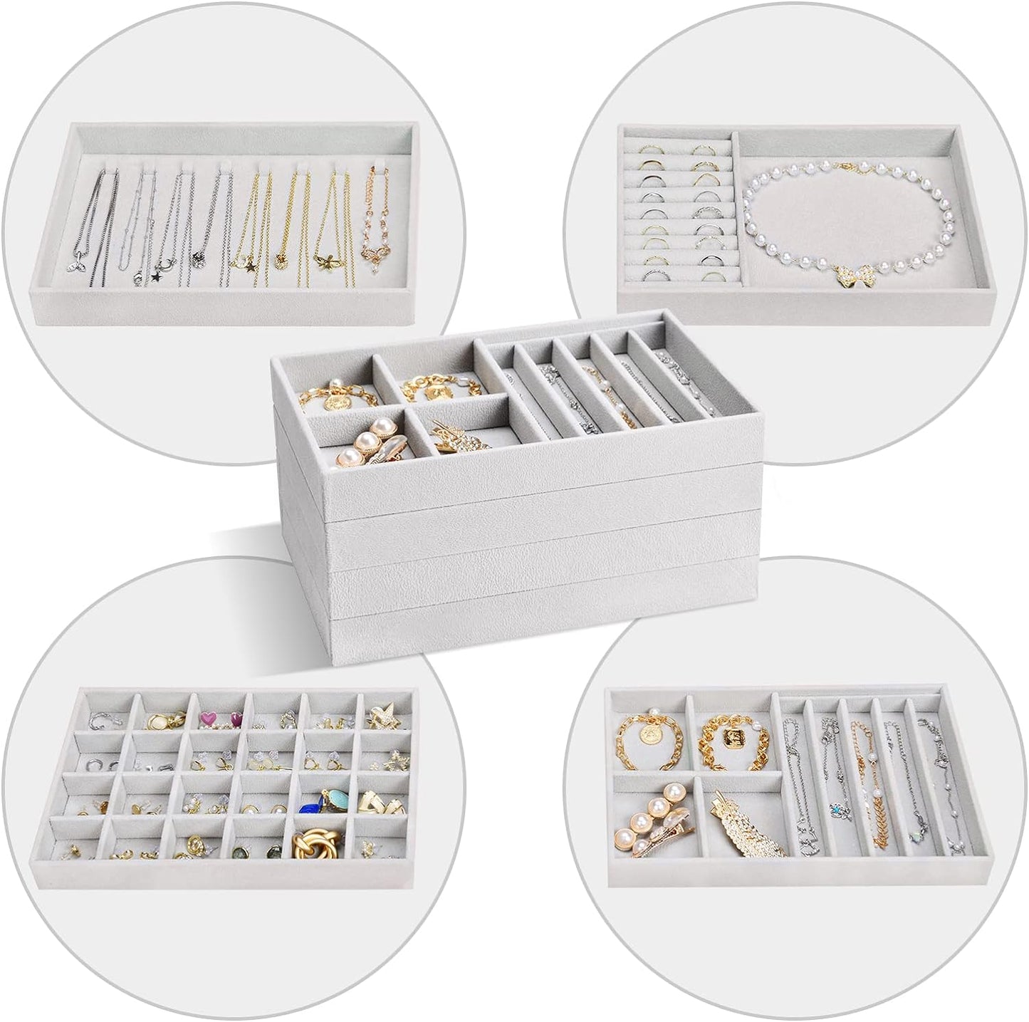 ProCase Stackable Jewelry Organizer Trays for Drawers, Jewelry Drawer Inserts Container Display Case Storage for Earring Necklace Rings Bracelet with Removable Dividers -Grey, 4 Layers