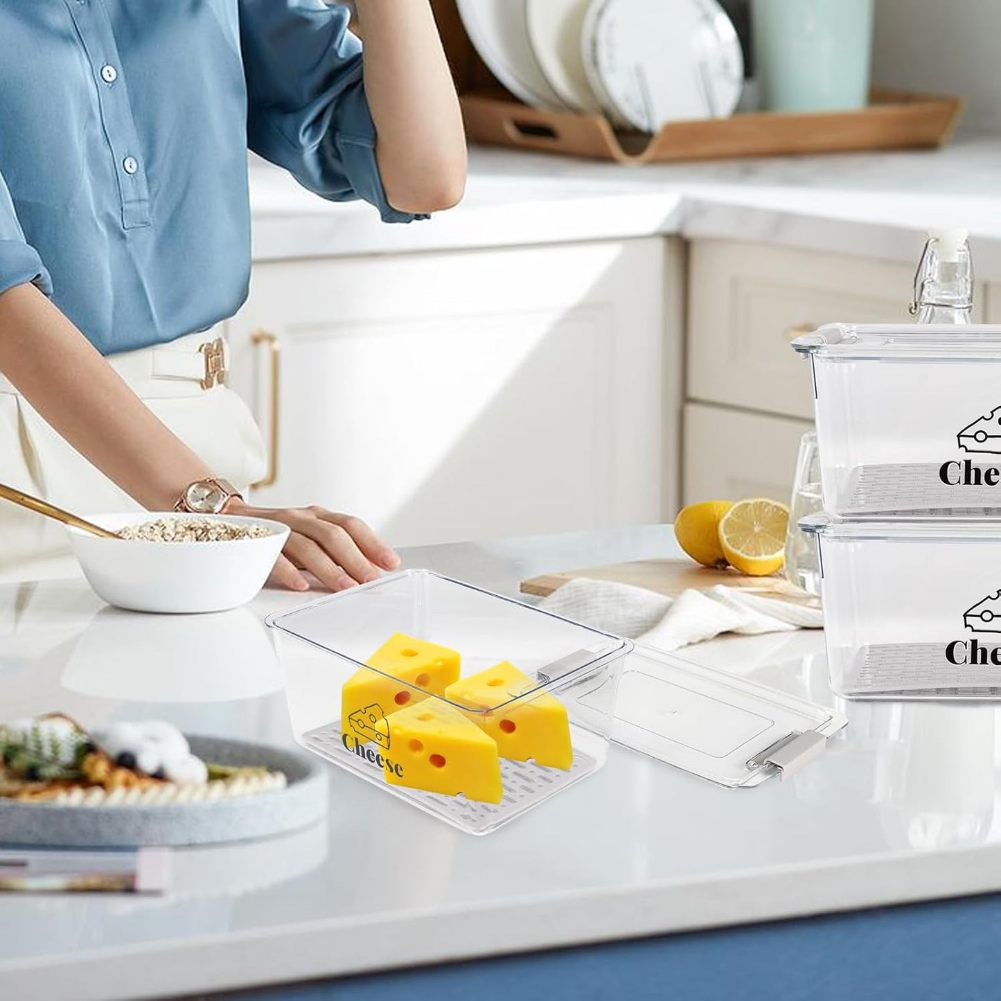 3 Pack Cheese Container Airtight with Draining Basket Cream Block Cheese Sliced Cheeses Box with Lid Saver for Fridge Deli Meat Storage Box,Cheeses Sliced,Grated,Cheddar Keeper