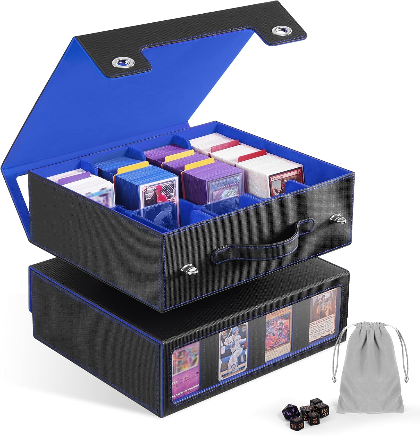 ZLCA MTG Storage Box 4-Row with Handle, MTG Deck Box Holds 3000+ Trading Cards with Portable Handle Dice Tray, Commander Storage Card Case for Top Loaders TCG PTCG Sport Card(Black&Blue)