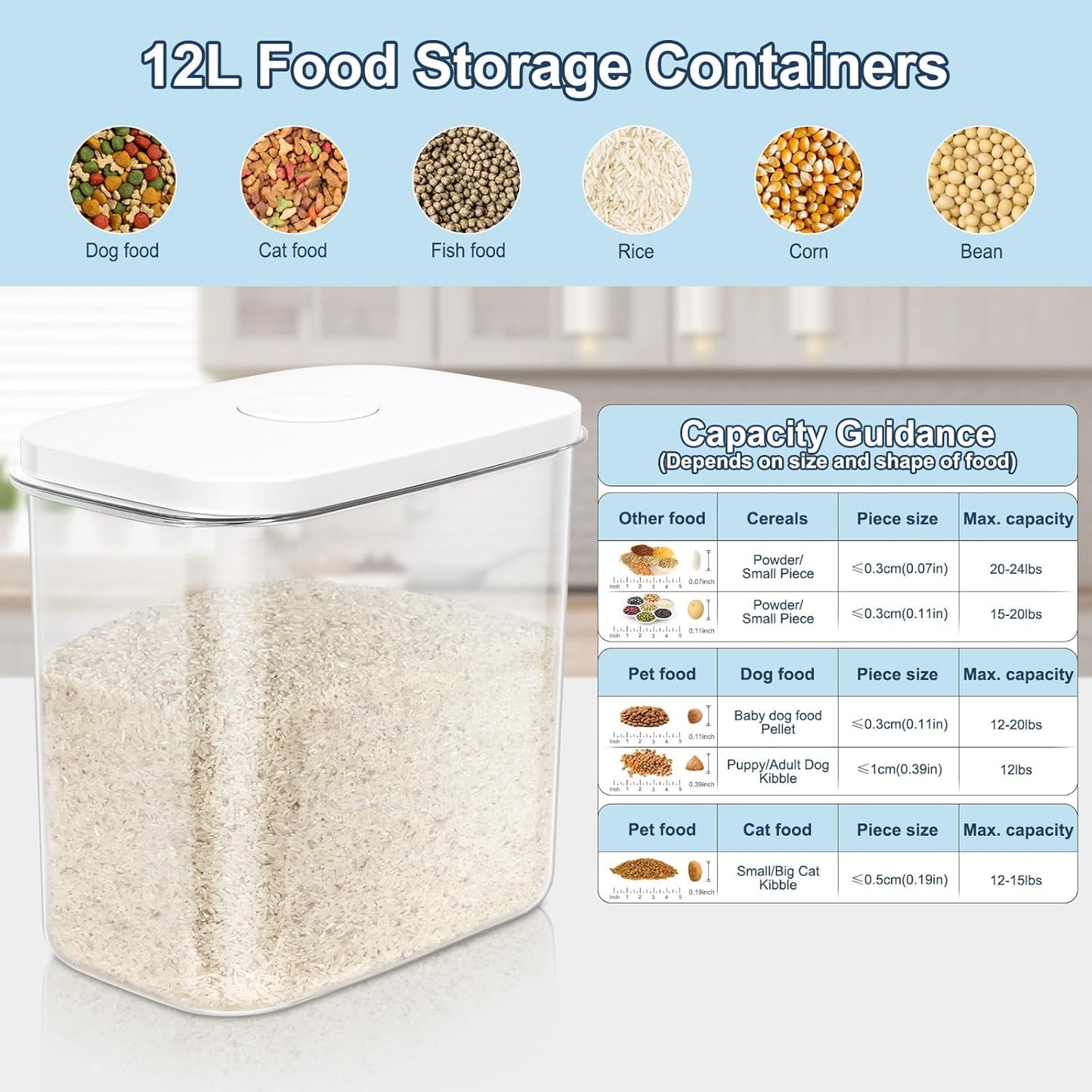 Rice & Flour Storage Container, Cereal Containers Storage, Dry Food Airtight Dispenser BPA Free, Clear Plastic Kitchen and Pantry Organization Bin (White (13Qt-1Pack), 13Qt)
