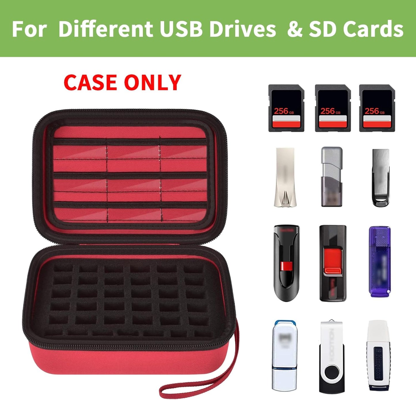 USB Flash Drive Case, SD Card/Memory Stick Pouch for SanDisk, for Samsung, for Netac, for Maspen/for SamData Thumb Drives, Hard Shell Protective Storage Organizer with Sponge- Box Only- Red