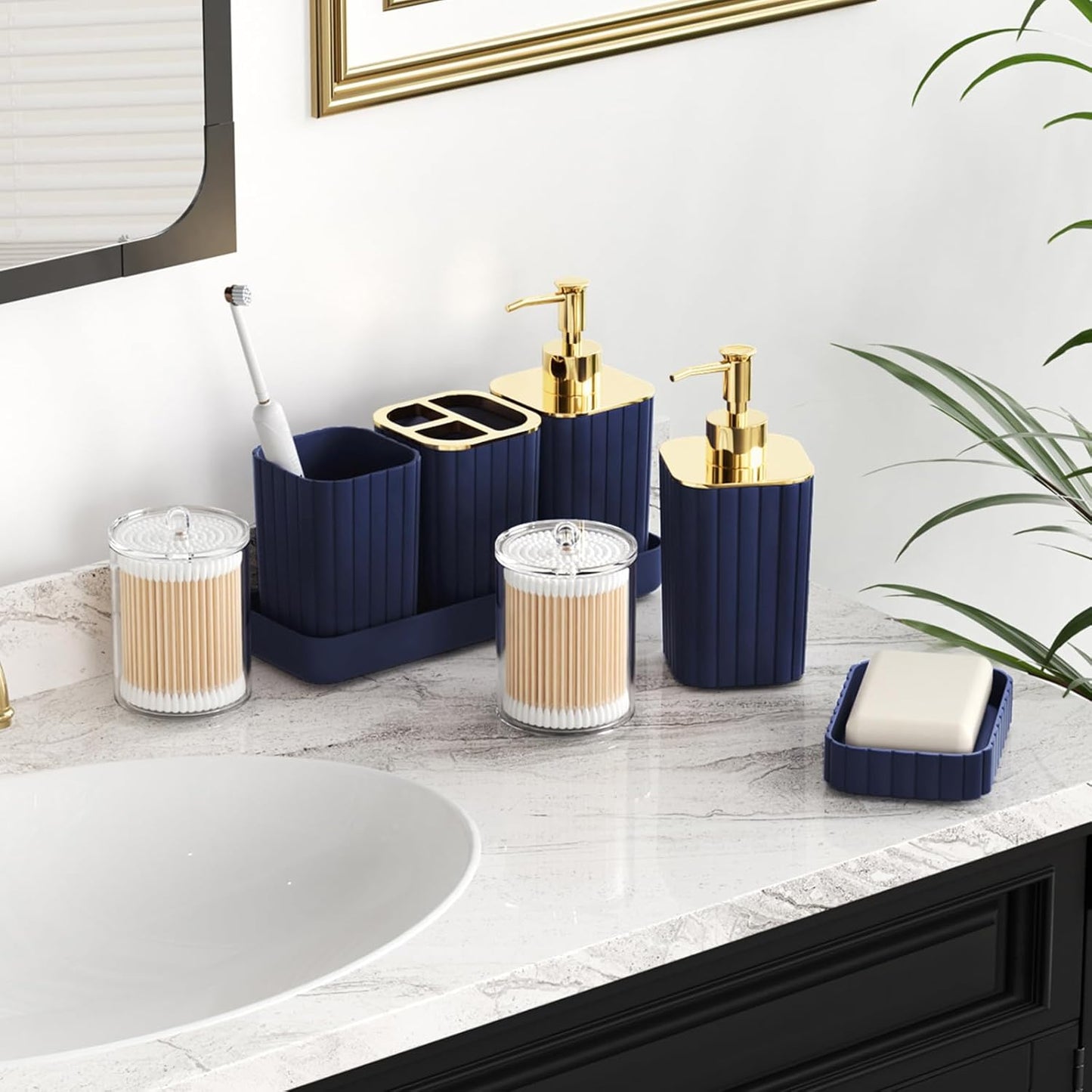 Bathroom Set with Shower Curtain and Rugs- 25PC Blue Bathroom Accessory Set, Navy Blue Shower Curtain Set, Toilet Brush, Trash Can, Qtip Holder Dispenser & Soap Dispenser