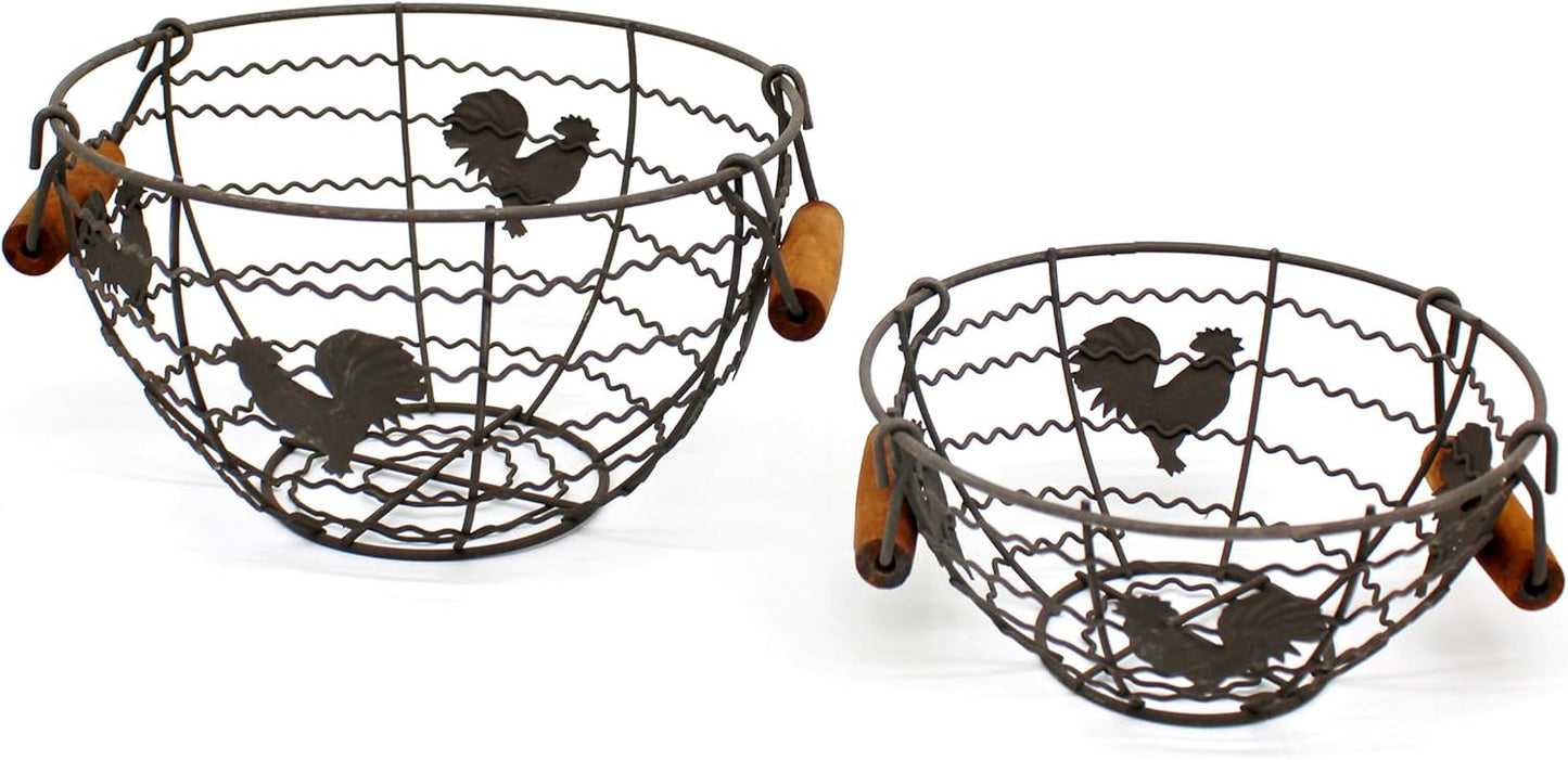 CVHOMEDECO. Round Wire Egg Baskets Rustic Fruit Baskets with Wooden Handles Farmhouse Collecting Basket. Rusty, Set of 2