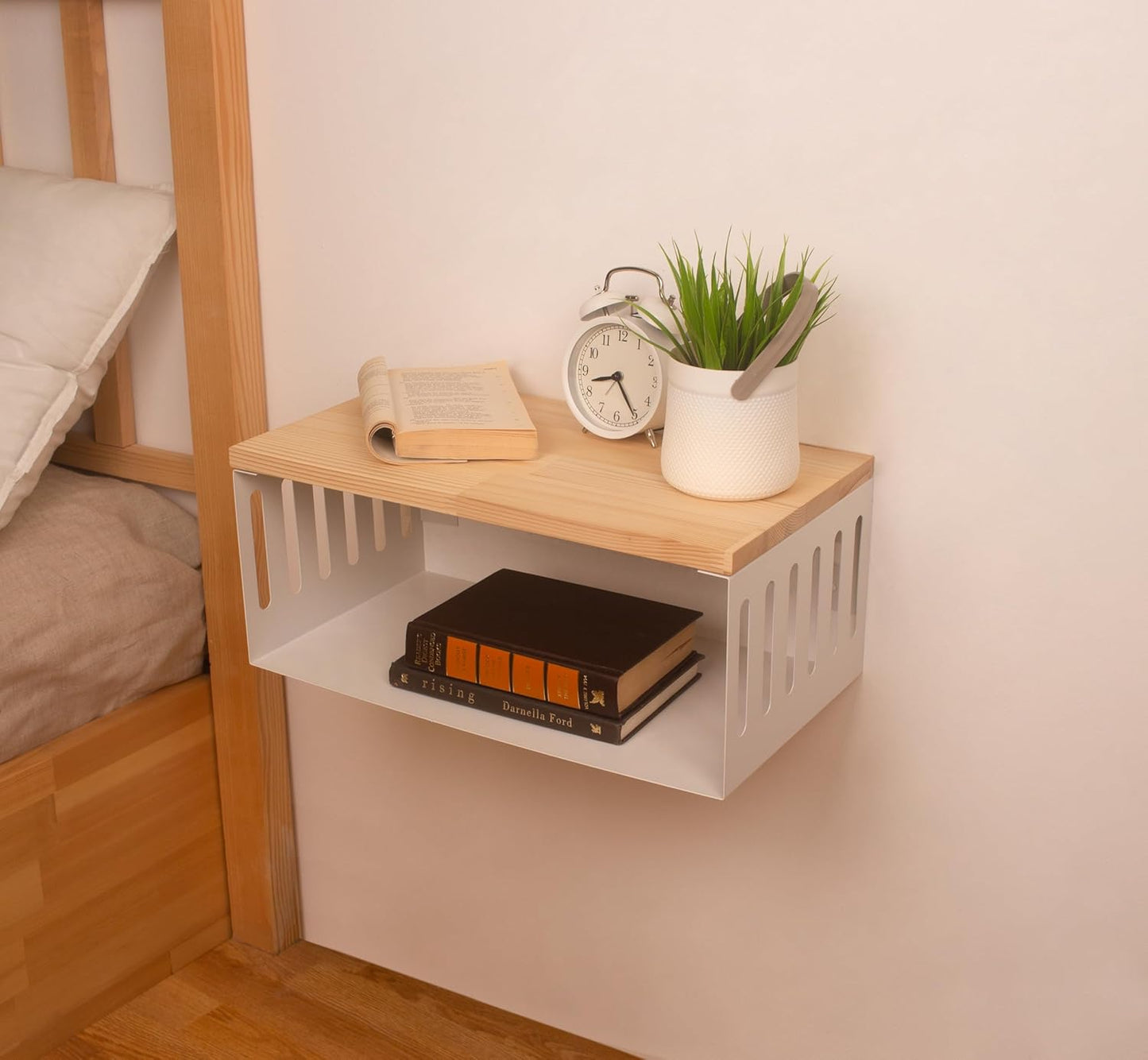Floating Nightstand with White Metal Base, Wooden Top and Sturdy Metal Base, Minimalist Bedside Table, Wall Mounted Shelf, Bedside Shelf (Natural)