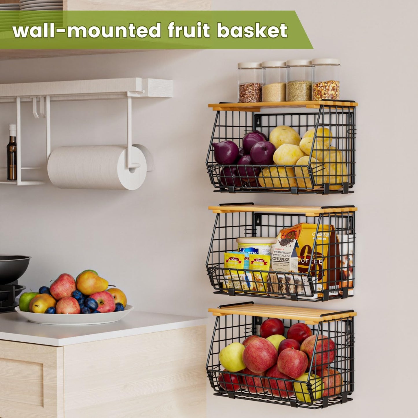 Wire Fruit Basket for Kitchen Storage: Hanging and Counter Basket for Vegetable Produce - Potato and Onion Storage for Pantry 3 Pack