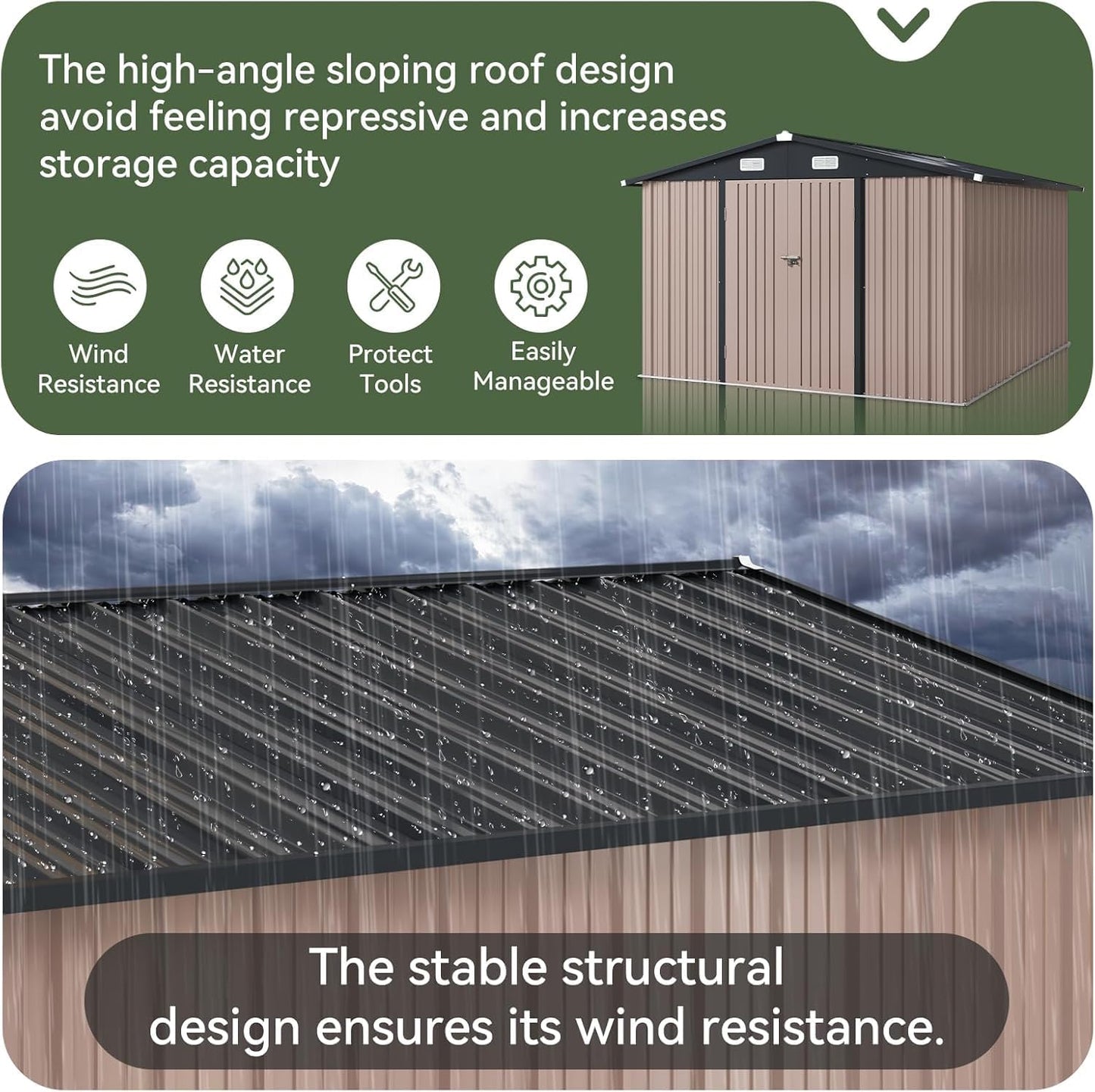 Aoxun 10 x 12FT Shed with Base Utility Garden Galvanized Steel Shed with Lockable Door & Sloped Roof Metal Sheds Outdoor Storage for Garden, Backyard, Patio and Backyard (Brown/Base Included)