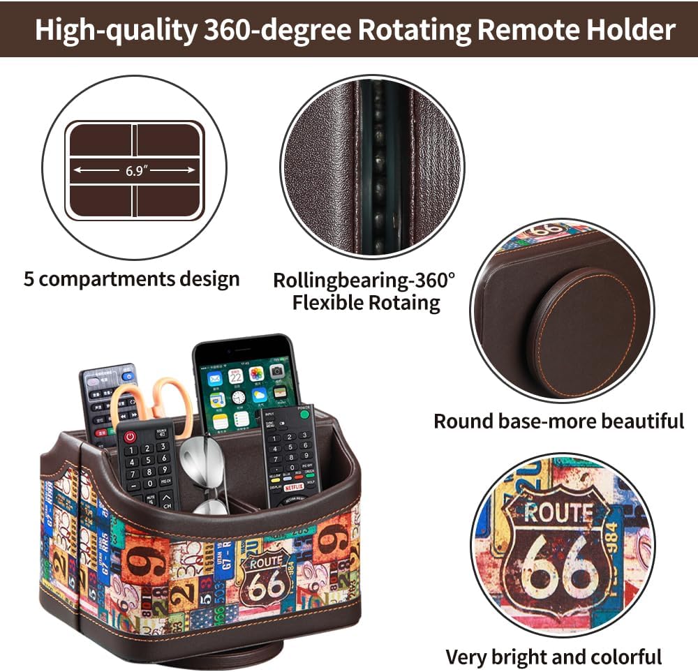 PUSU Remote Control Holder, Colorful Pattern Nightstand TV Caddy, PU Leather 360 Degrees Rotatable Desktop Organizer Storage Box for TV Remotes/Media Controllers/Office Supplies