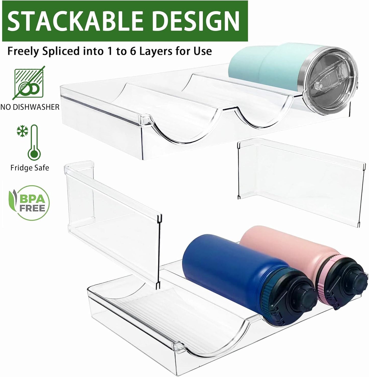 6 Pack Water Bottle Organizer, Stackable Kitchen Home Pantry Organization and Storage Shelf, Plastic Water Bottle Holder for Kitchen Cabinet Storage, Wine Tumbler Travel Mug Cup Organizer