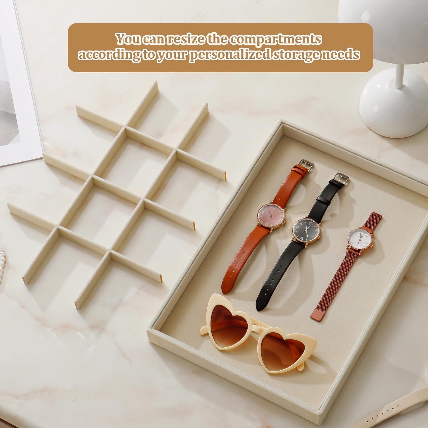 Large Velvet Jewelry Tray 2 Pack Stackable Jewelry Display Drawer Inserts Trays Organizer for Earring Bracelet Necklace Ring (Beige, 12 Grids+24 Grids)