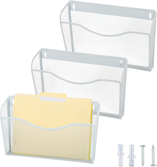 EASEPRES 3 Single Pocket Mesh Hanging File Organizer, Vertical Wall Mounted Magazine File Holder, Mount Basket Mail Paper Document Folder Organizing for Office, Home and School, White