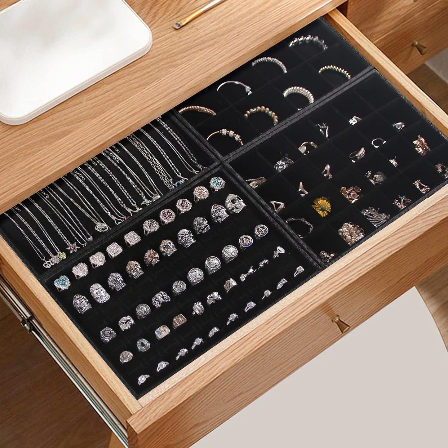 Julysky 4 Pcs/set Stackable Jewelry Organizer Trays for Drawer,100 Slots Ring Tray，Necklace Tray,12 Grid,24 Grid Jewelry Displays for Selling,Black