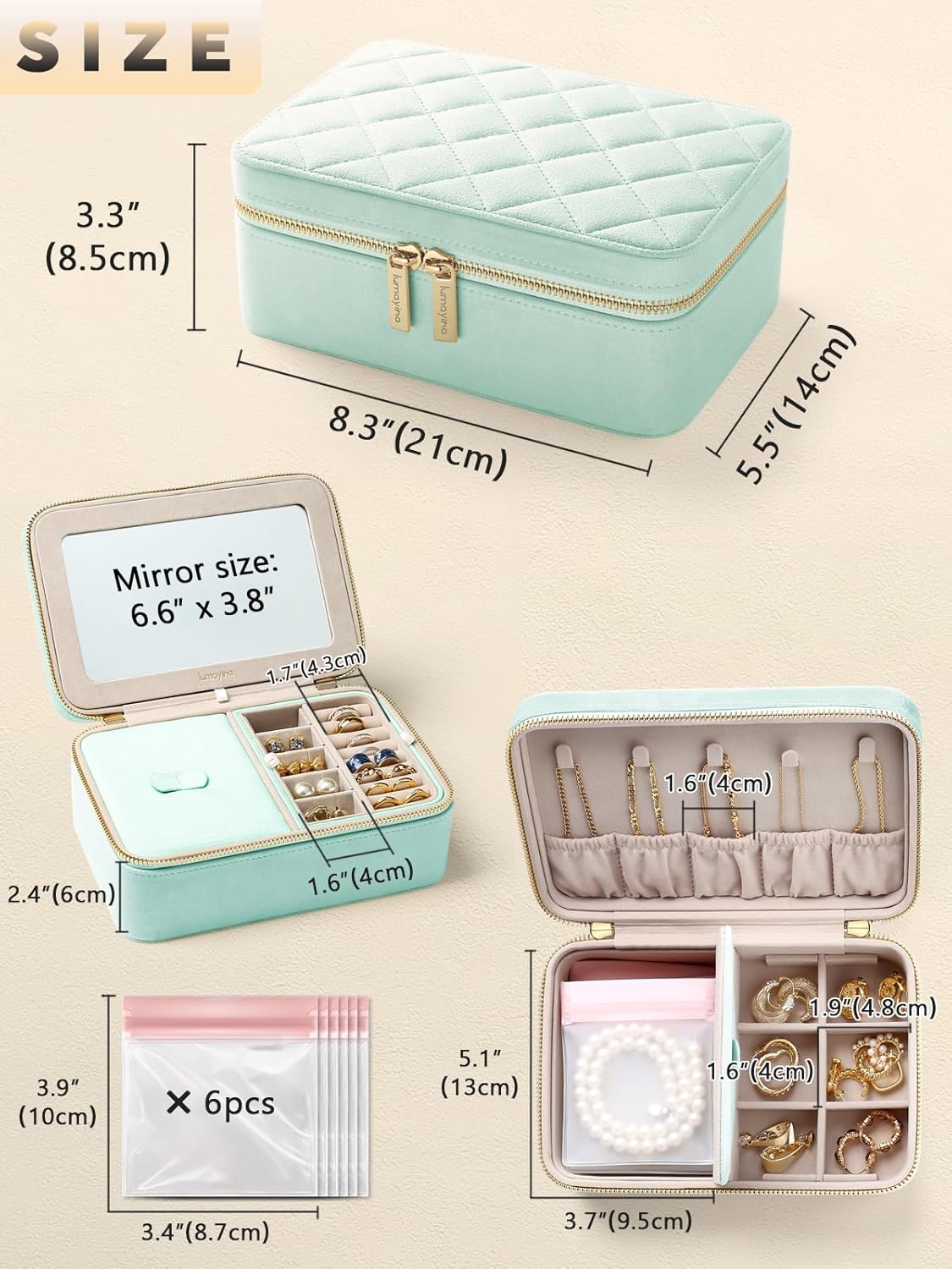 Velvet Travel Jewelry Box with Large Mirror, Double-Layer Jewelry Organizer Case for Women and Girls, Portable Storage Case with 6 Anti-Tarnish Bags Gift Ready for Her (Mint Green)