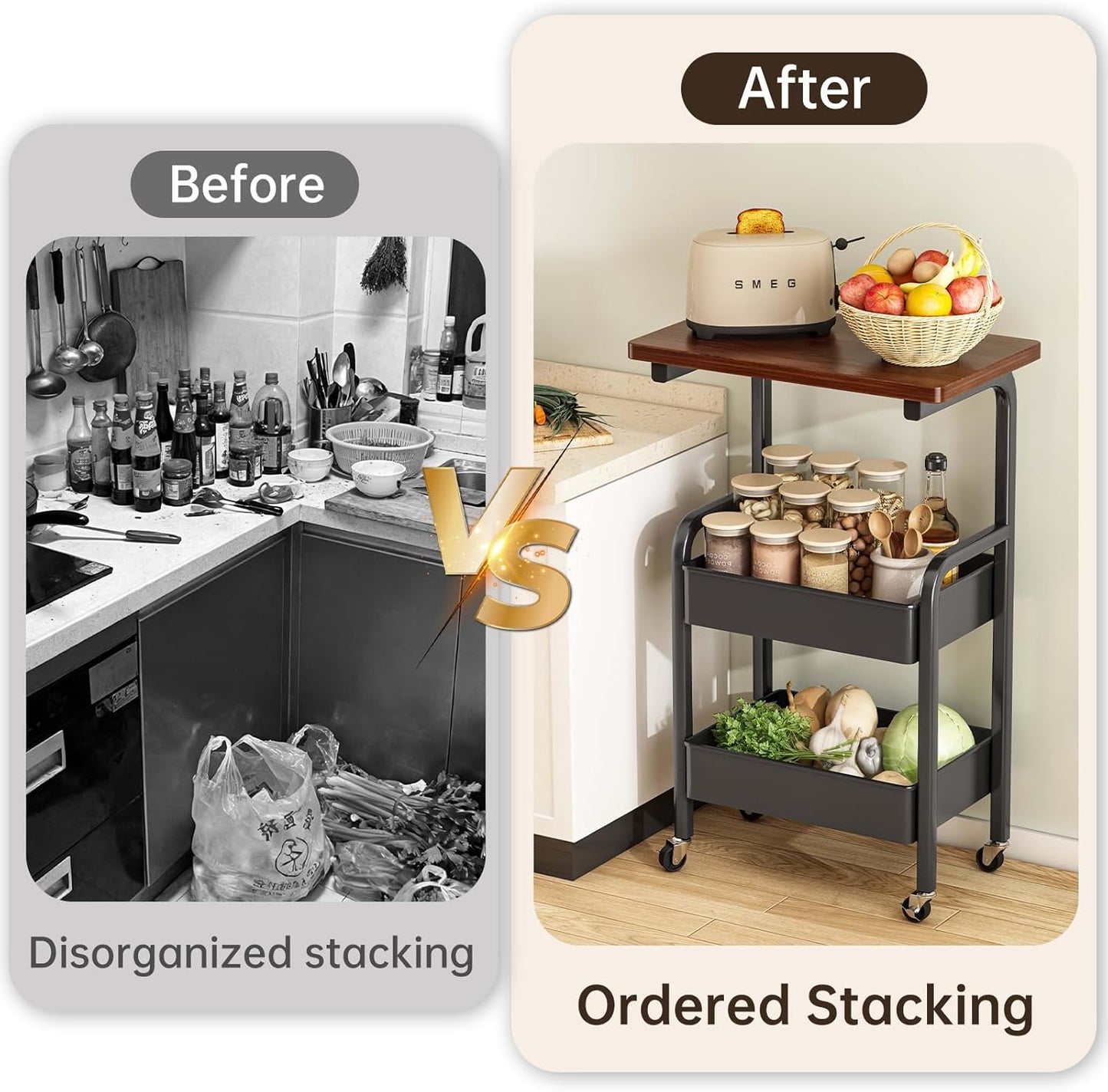 3 Tier Metal Rolling Utility Cart Organizer with Walnut Table Top, Stable and Sturdy Rolling Storage Carts with 2 Lockable Wheels for Kitchen，Bathroom，Snacks，Coffee，Craft，Makeup，Baby Essentials