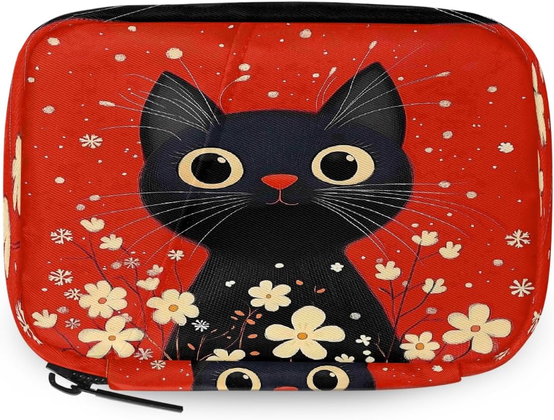 Retro Black Cat Flowers Pill Organizer Travel Medicine Case with Zipper Daily Vitamin Storage Bag Portable 8 Slot Weekly Pill Box Supplement Holder for Home Office Gym Travel