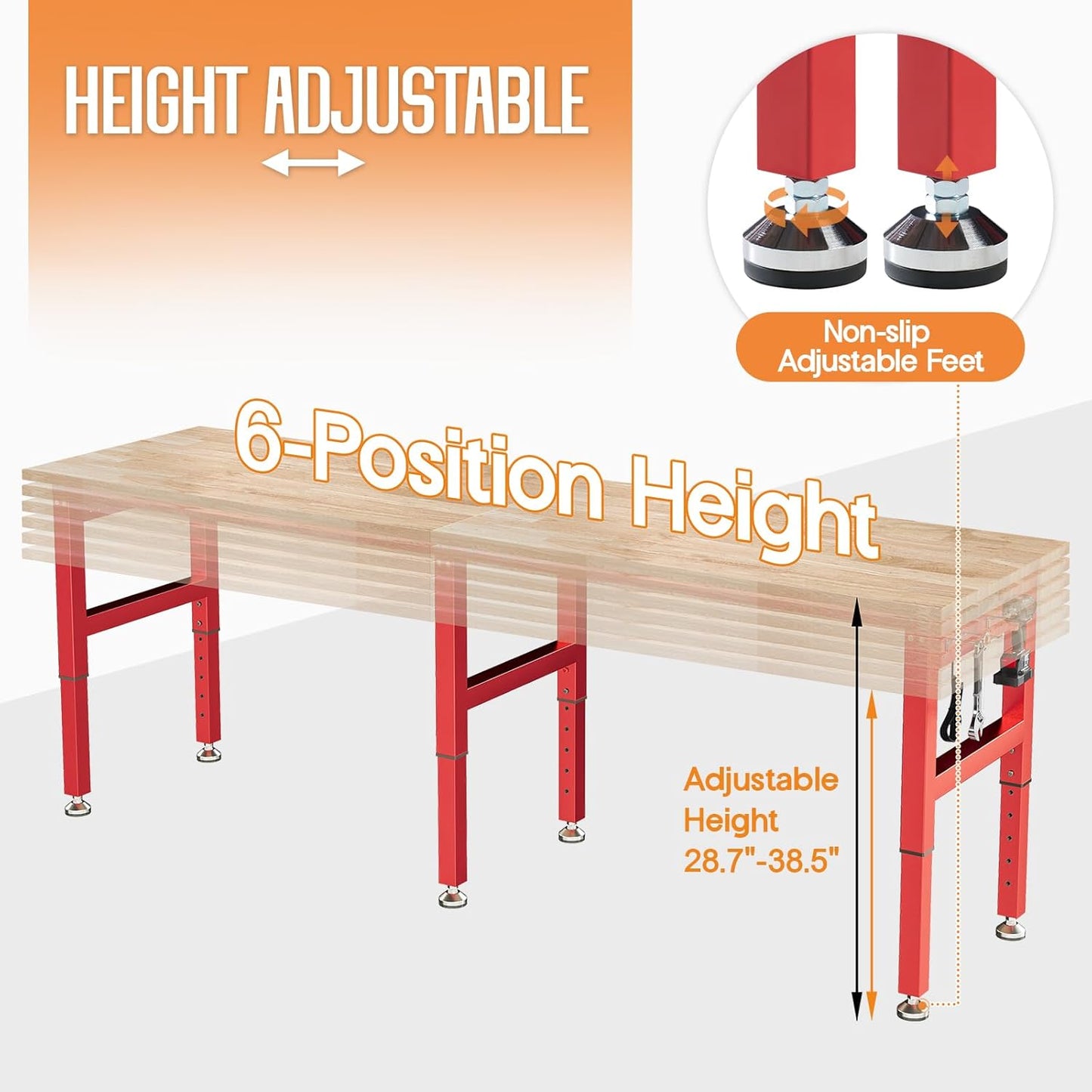SPECRAFT 96" Red Adjustable Heavy Duty Workbench with 4 AC Outlet and 2 USB Ports Power Outlets, 6000 Lbs Capacity, Rubber Wood Top for Garage, Workshop, Office