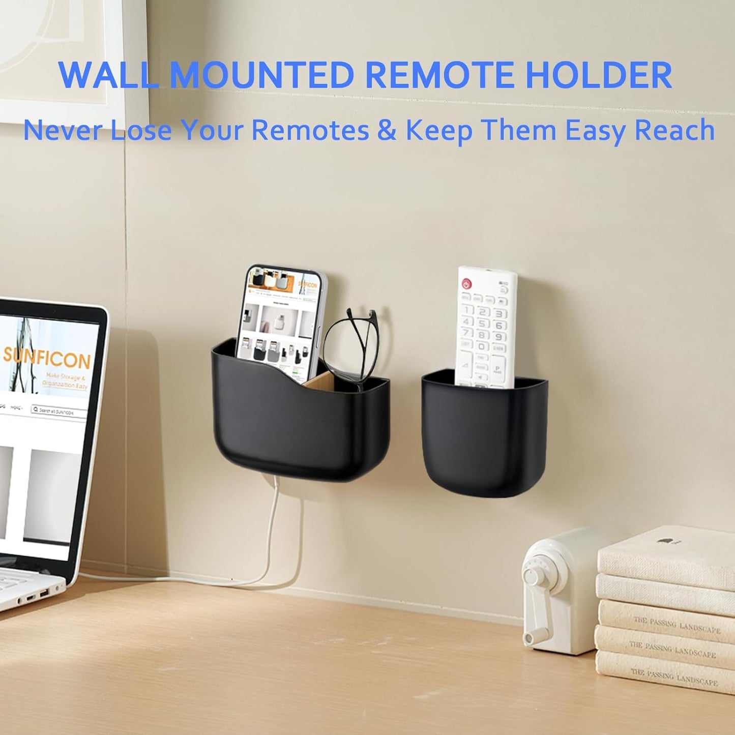 Remote Holder Wall Mount TV FAN Remote Control Holder Bedside Caddy Wall Organizer Phone Holder for Office Adhesive Media Player Controller Holder Box Tray Home Desk Nightstand Black 2 Big 2 Small