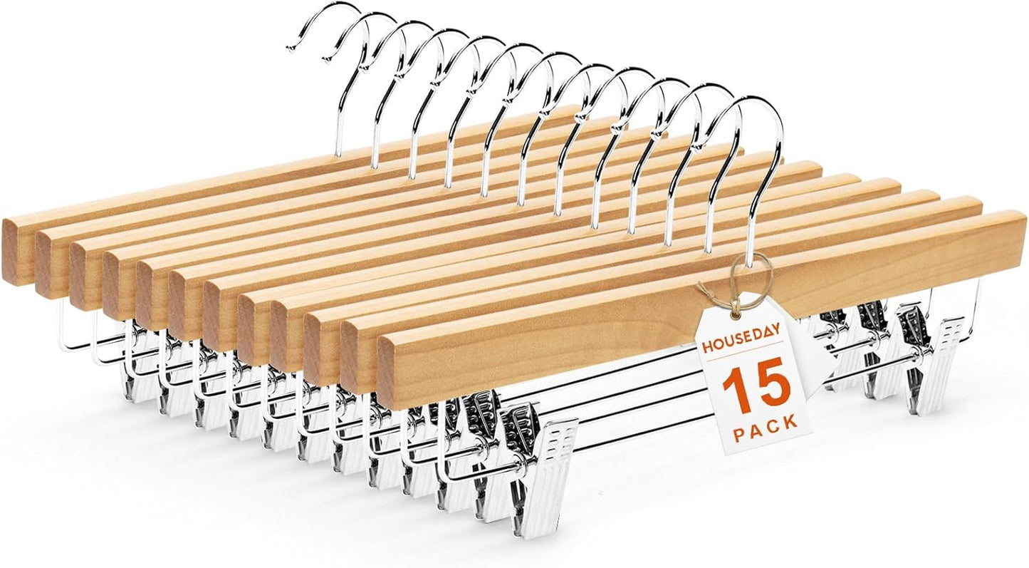 HOUSE DAY Premium Wooden Pants Hangers 15 Pack, Solid Lotus Wood Skirt Hangers with 2-Adjustable Clips, Heavy Duty & Anti Slip Wood Bottom Hanger for Slacks, Jeans, Trousers, Shorts (Natural)
