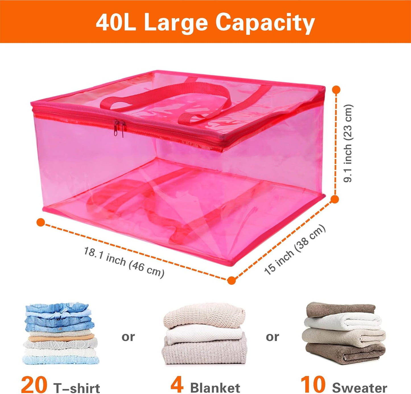 Vieshful Pink 40L Clear Clothes Storage Bag with Zipper 3 Pack Colorful Clothes Organizer Vinyl Storage Bag for Comforter, Blanket, Bedding, Duvet, Transparent Moving Totes