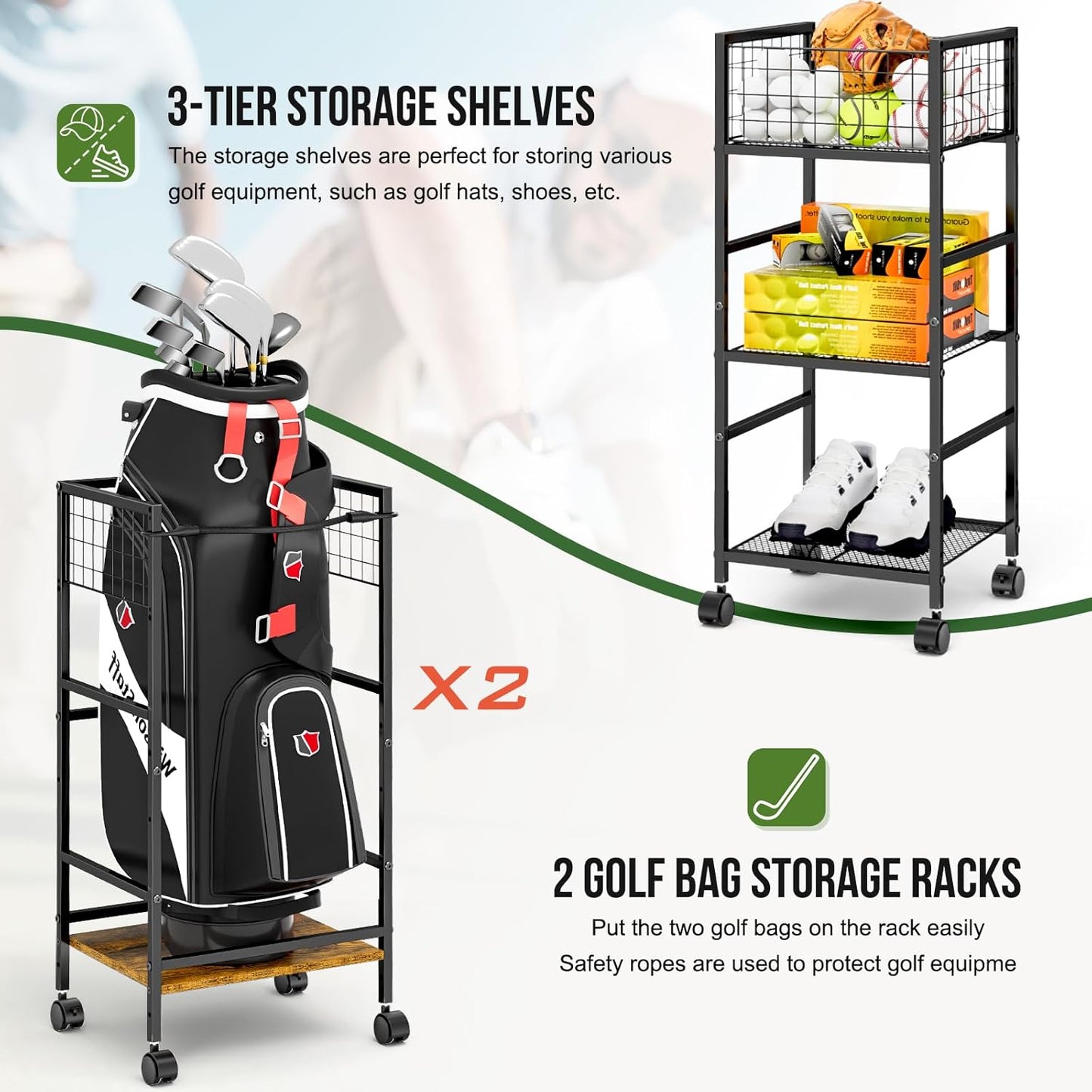 Golf Bag Storage Rack for Garage with Wheels, Organizer for Golf Bag and Equipment Accessories, Golf Organizer Stand Ideal for Home, Garage, Club, Shed, Basement - Sturdy and Durable (Black)
