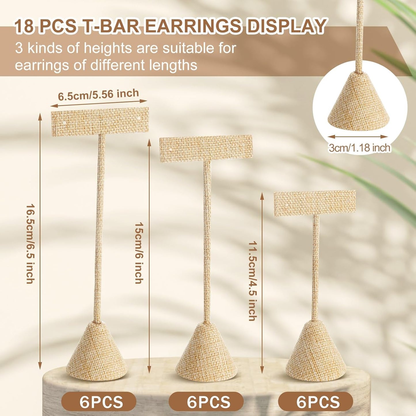 Marsui 18 Pcs Earring Display Set Earring T Bar Display Earring Holders with 3 Heights Earrings Display Stand for Jewelry (Linen Color)