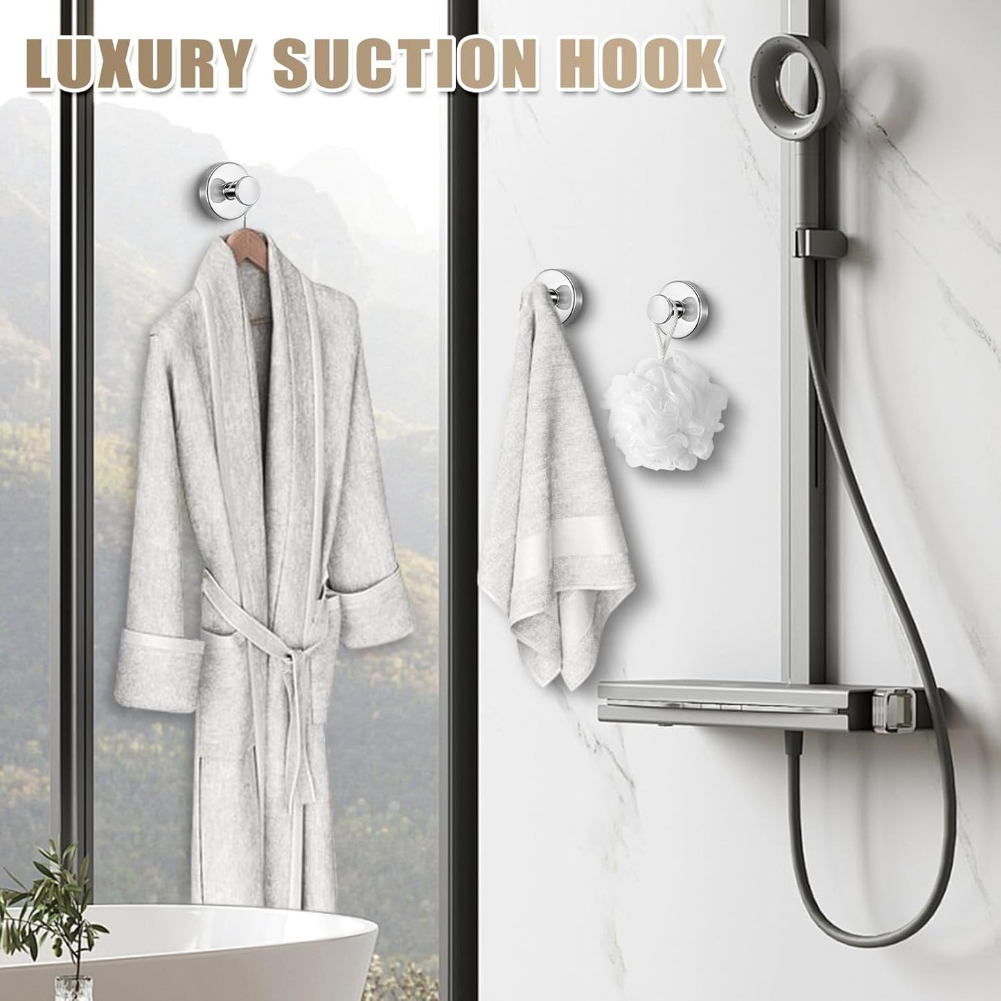 Suction Cup Hooks for Shower No-Drill Bathroom Hooks for Towels, Robes, Loofah Mountable on Bathroom Walls, Kitchen, Glass, Mirrors, Tile and Smooth,Non-Porous Surfaces (2, Chrome Polished)