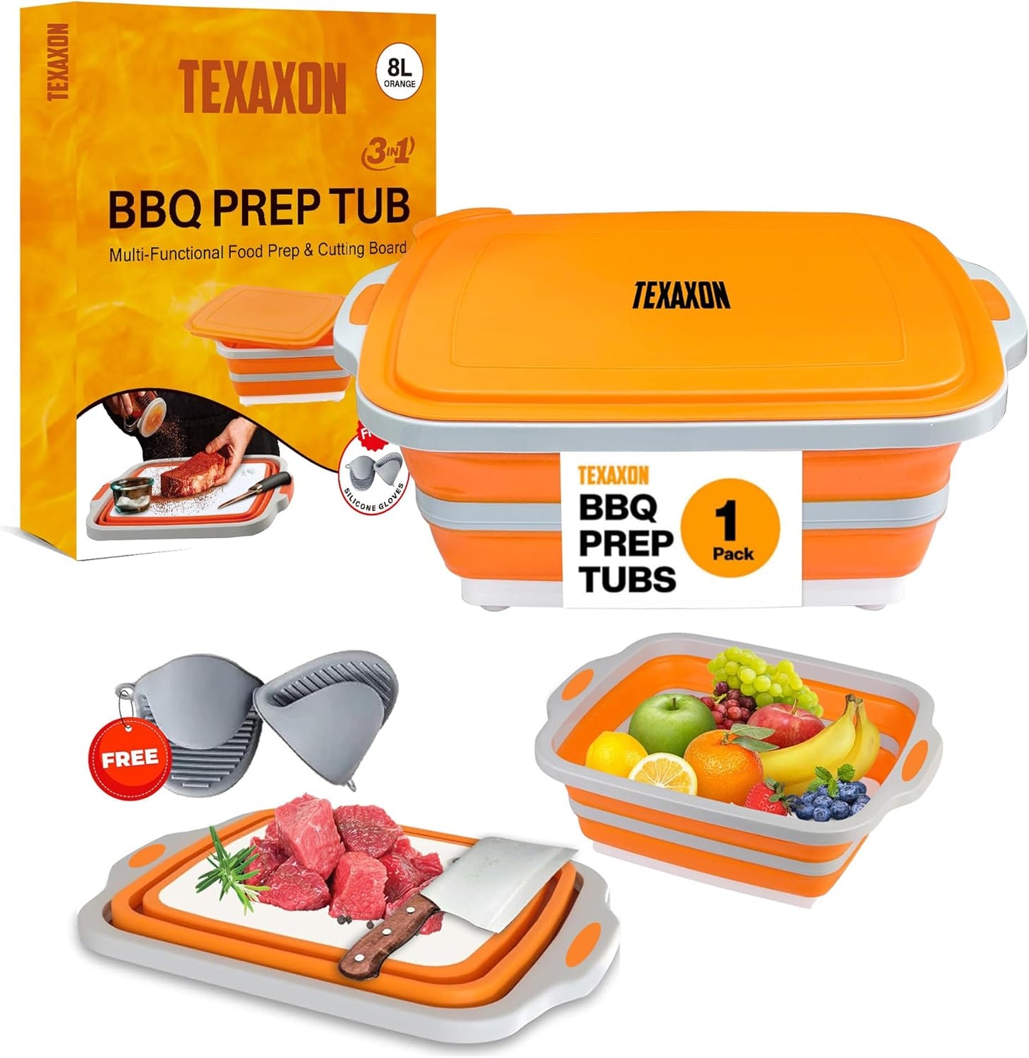 8L/16L BBQ Prep Tub with Cutting Board, Lid & Complimentary Mitts/Gloves – Collapsible Bucket for BBQ, Marinade, Picnic, Camping, Meat Prep – Orange/Black (Orange, X-Large)