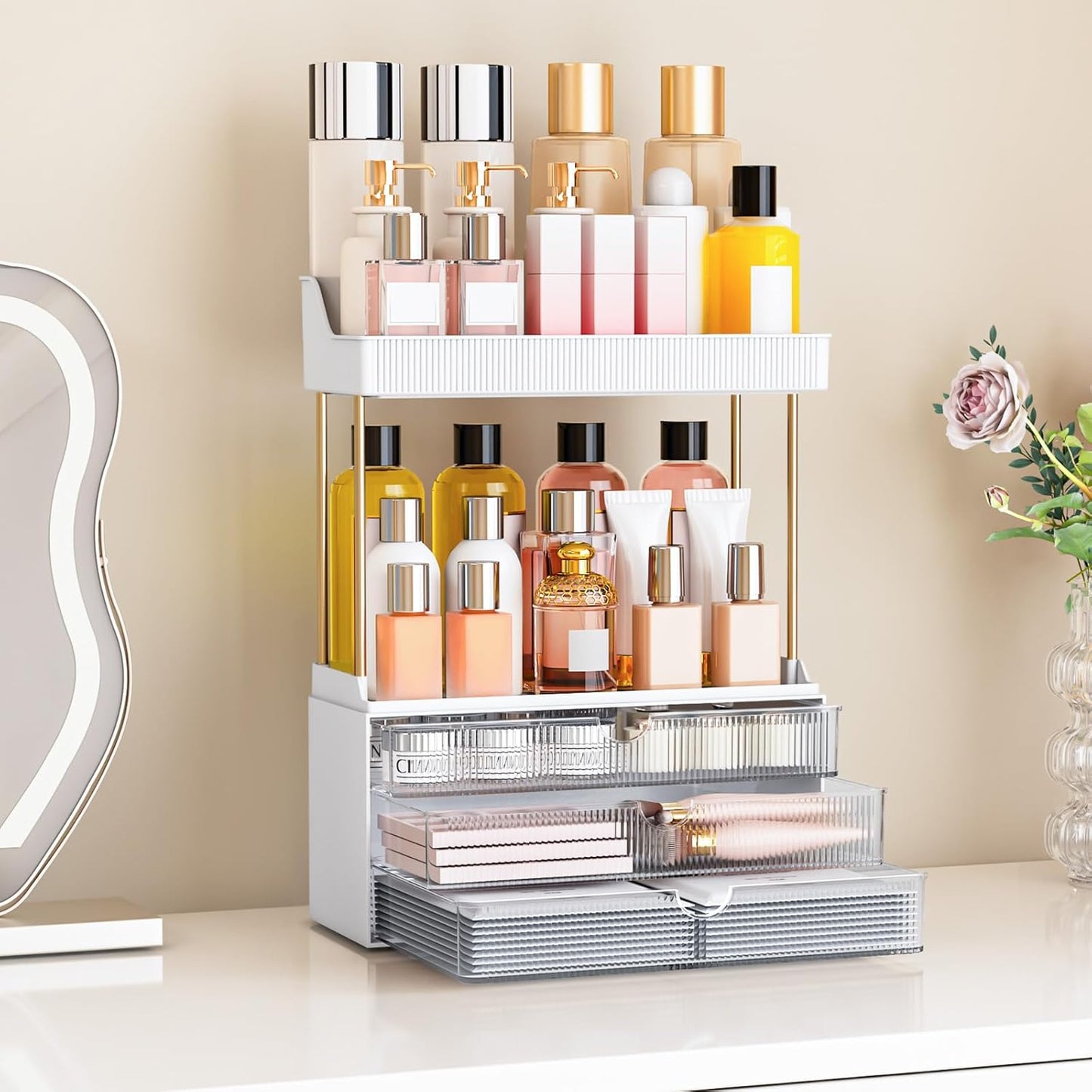 5 Tiers Bathroom Counter Organizer - 3 Drawers Makeup Organizer, Cosmetic Storage Drawer for Dresser Countertop and Bathroom Vanity for Large Skincare, Perfume, Clear