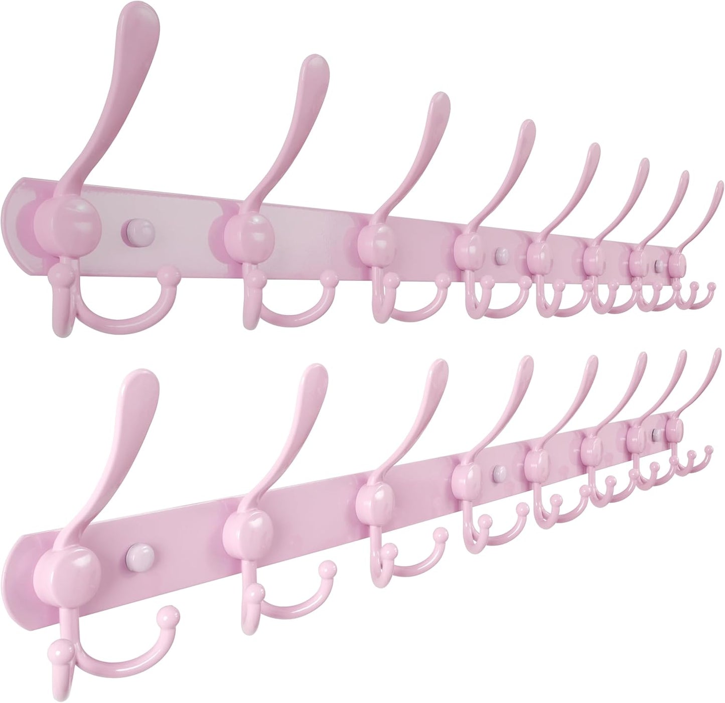 Dseap Coat Rack Wall Mount - 29.5” Long 8-Tri-Hooks Heavy Duty Coat Hanger Rail Wall Hooks for Hanging Coats Hats Clothing Clothes Purse Mudroom Entryway, Pink, Pack of 2
