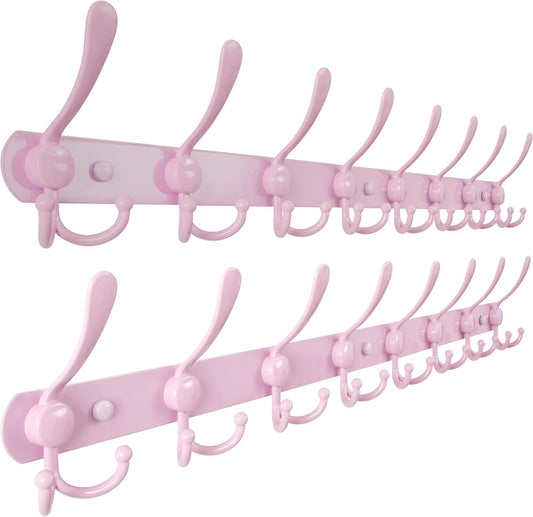 Dseap Coat Rack Wall Mount - 29.5” Long 8-Tri-Hooks Heavy Duty Coat Hanger Rail Wall Hooks for Hanging Coats Hats Clothing Clothes Purse Mudroom Entryway, Pink, Pack of 2