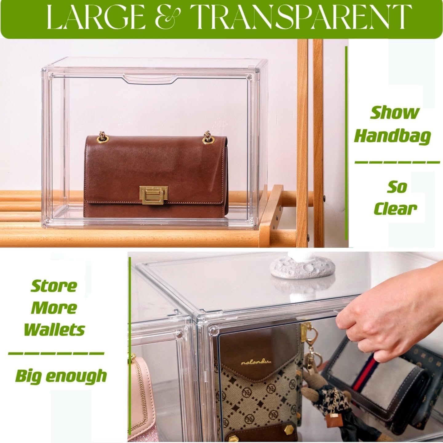 Purse Organizer for Closet, Clear Acrylic Display Case, Large Handbag Storage Organizer with Magnetic Door, 4 Pack Plastic Acrylic Boxes for Wallet, Cosmetic, Collectibles (X Large)