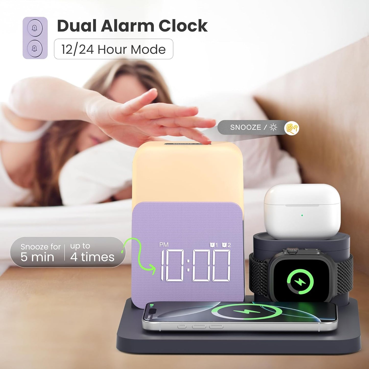 7 in 1 Wireless Charging Station, Alarm Clock with Wireless Charger for Bedrooms, Magnetic Charger with Night Light Bedside Clock for iPhone 17 16 15 14 13 12 Pro Max, Apple Watch, AirPods