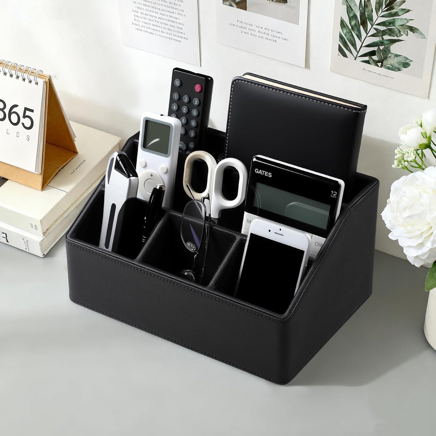 Remote Control Holder with 5 Compartments for Office Art Supplies, PU Leather Nightstand Organizer Pencil Pen Desk Caddy for Home, Desktop TV Remote Control Organizer Storage (Black)