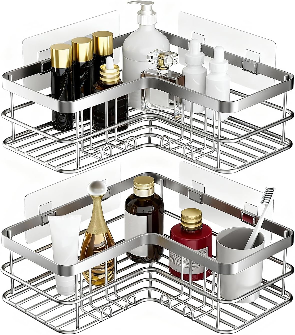 Yazoni Shower Caddy 2-Pack, No Drilling Shower Organizer Corner Shelf for Bathroom Tub, Stainless Steel Shower Caddy Corner Shelf for Bathroom Kitchen(Silver)