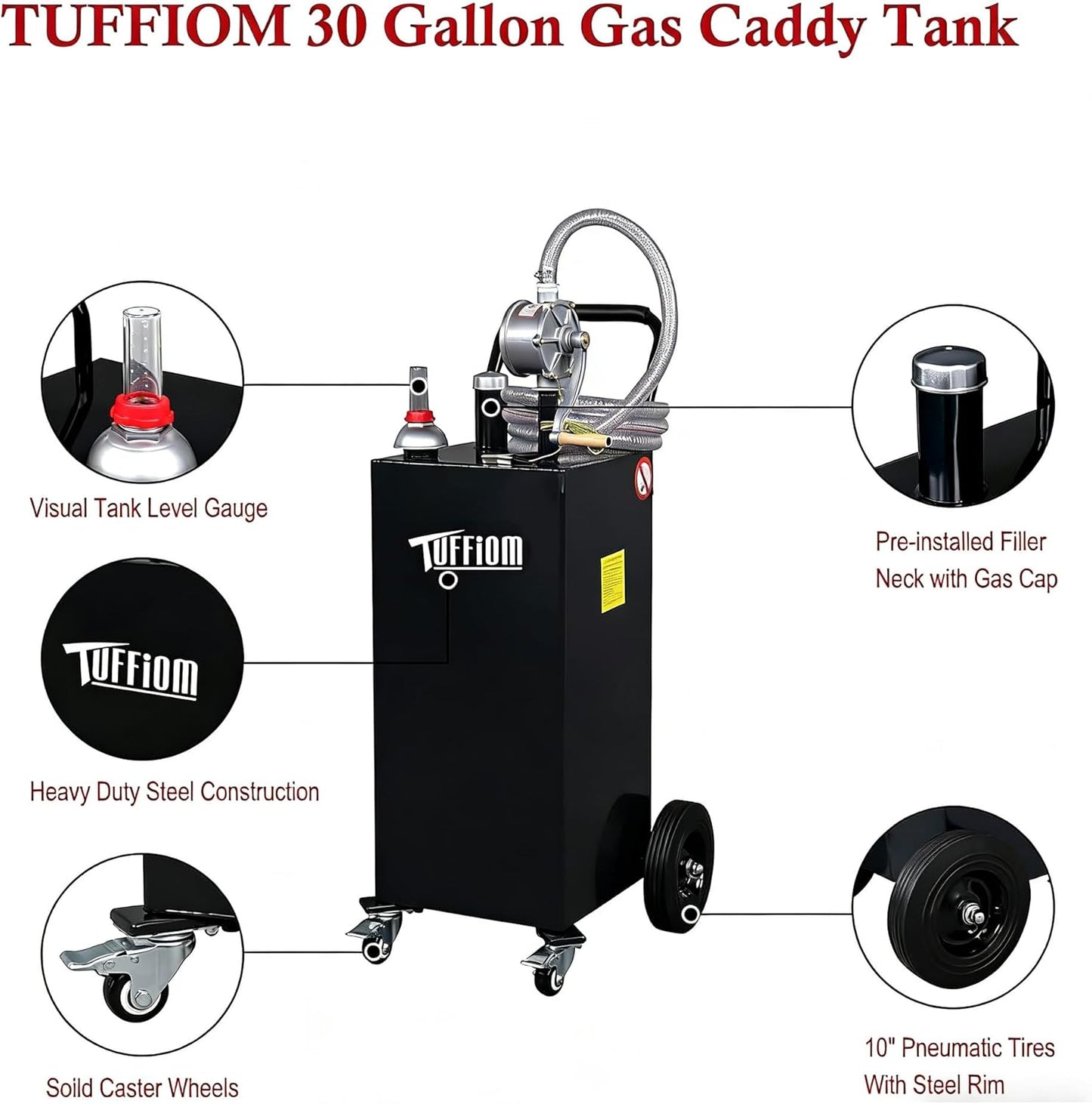 TUFFIOM 30 Gallon Portable Gas Caddy w/Swivel Wheels,Fuel Storage Tank, Gasoline Diesel Can with Fuel Transfer Rotary Hand Siphon Pump for Automobile ATV Car Mower Tractor Boat Motorcycle