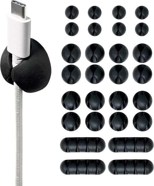 Wrap-It Storage Cable Clips - (Assorted 28-Pack) Black - Desk and Nightstand Cable Holder for Phone and Bedside Table Cord Organizer