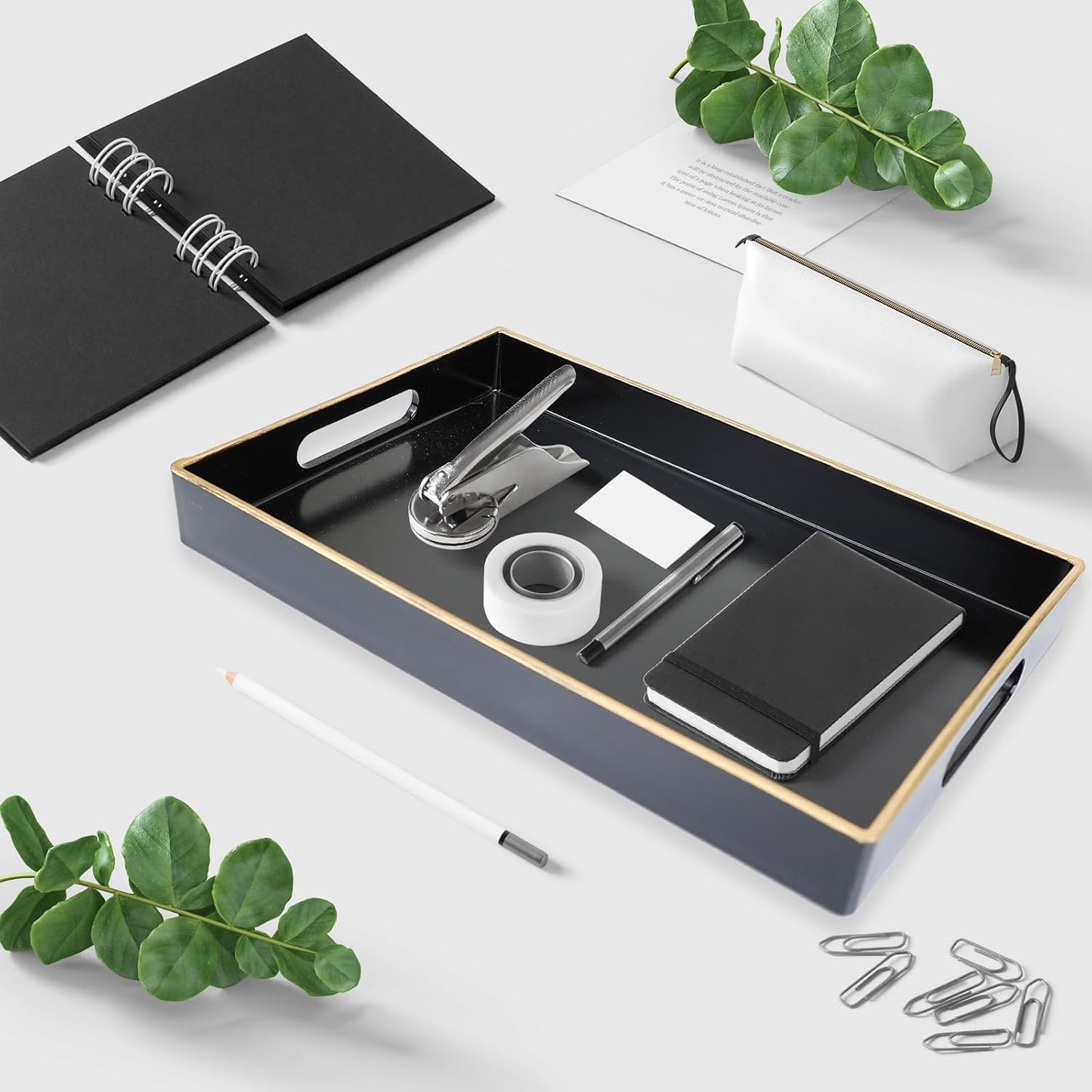 Spsyrine Black Bathroom Vanity Tray with Handles for Dresser Tops, Countertop, Perfume Decorative Tray, 11.8” * 7.87” *1.37”