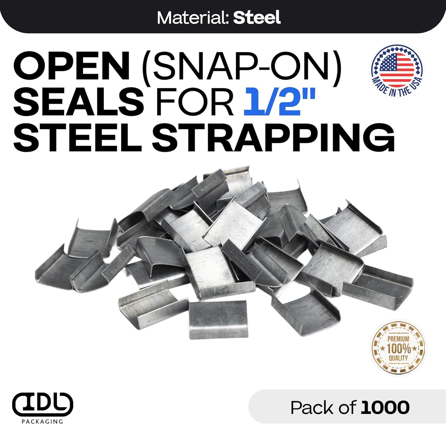 IDL Packaging Open (Snap-On) Seals for 1/2" Strap Width Steel Strapping (Pack of 1000) - Superior Holding Power - Sturdy Metal Clips for Securing Heavy Packaging and Pallet Banding