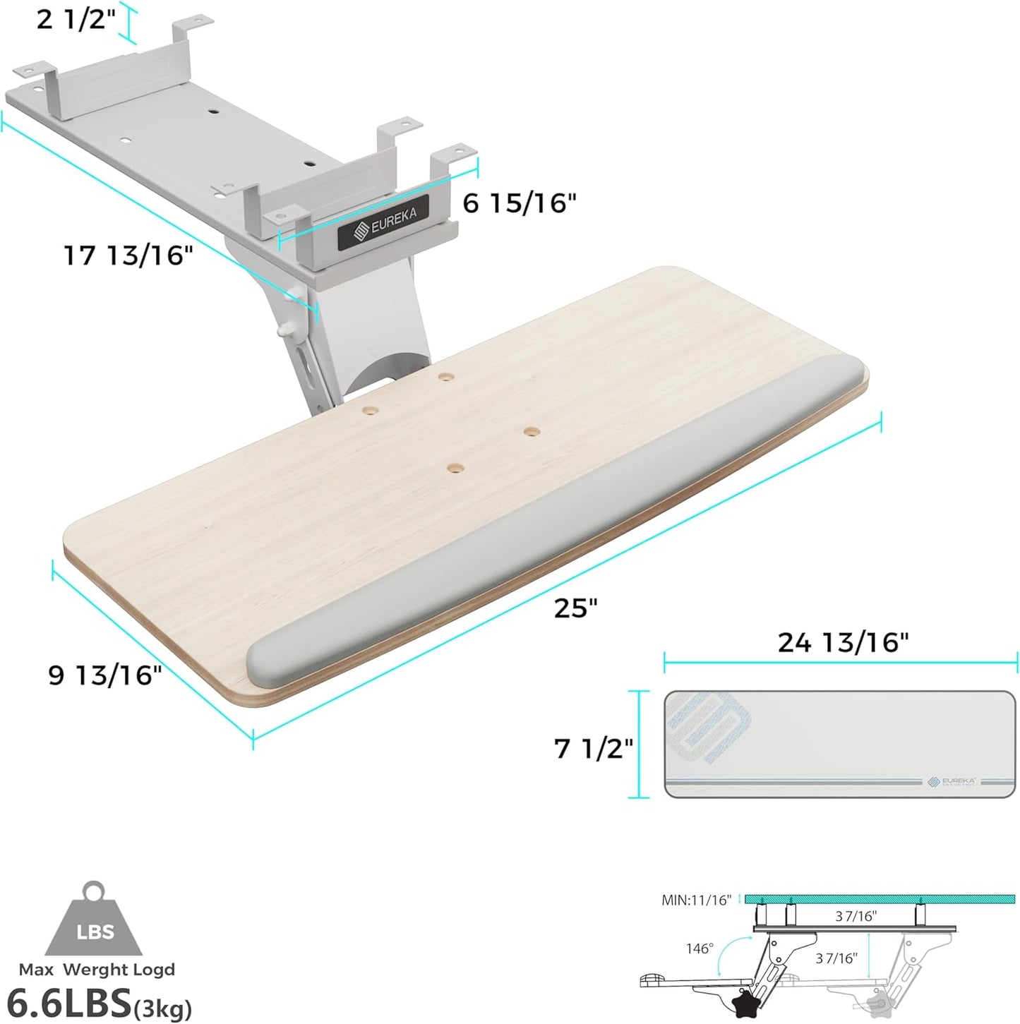 EUREKA ERGONOMIC Keyboard Tray Height Adjustable, Swivel Tilt Computer Keyboard Drawer Under Desk, 25x9.13'' Sliding Keyboard & Mouse Platform with Mouse Pad for Typing, Maple