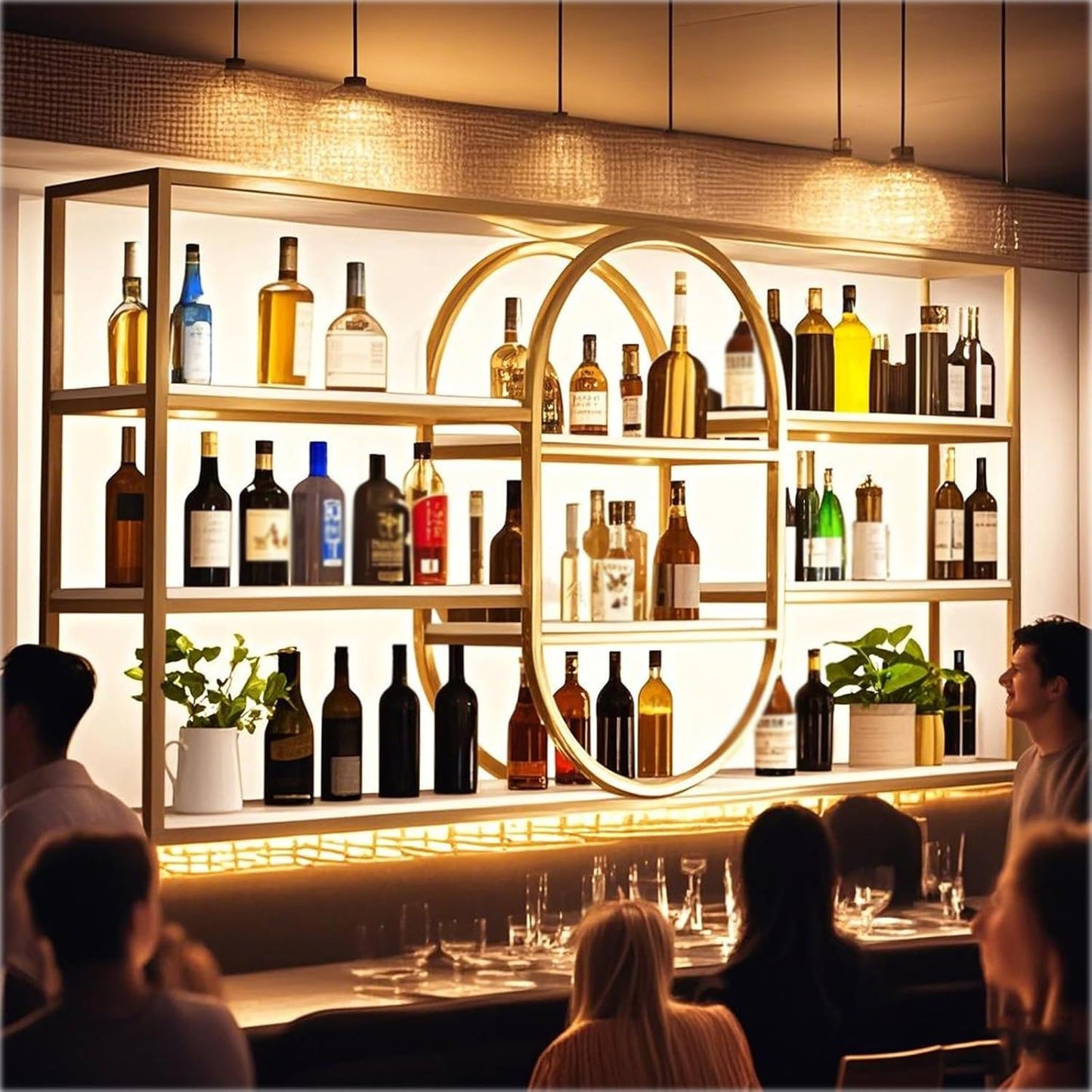 Large Wall Mount Wine Rack, Metal 4 Tier Large Capacity Hanging Bar Rack with Wine Glass Holder, Oval Wine Bottle Storage Display Rack for Kitchen, Living Room, Home (Gold, 160cm/63in)