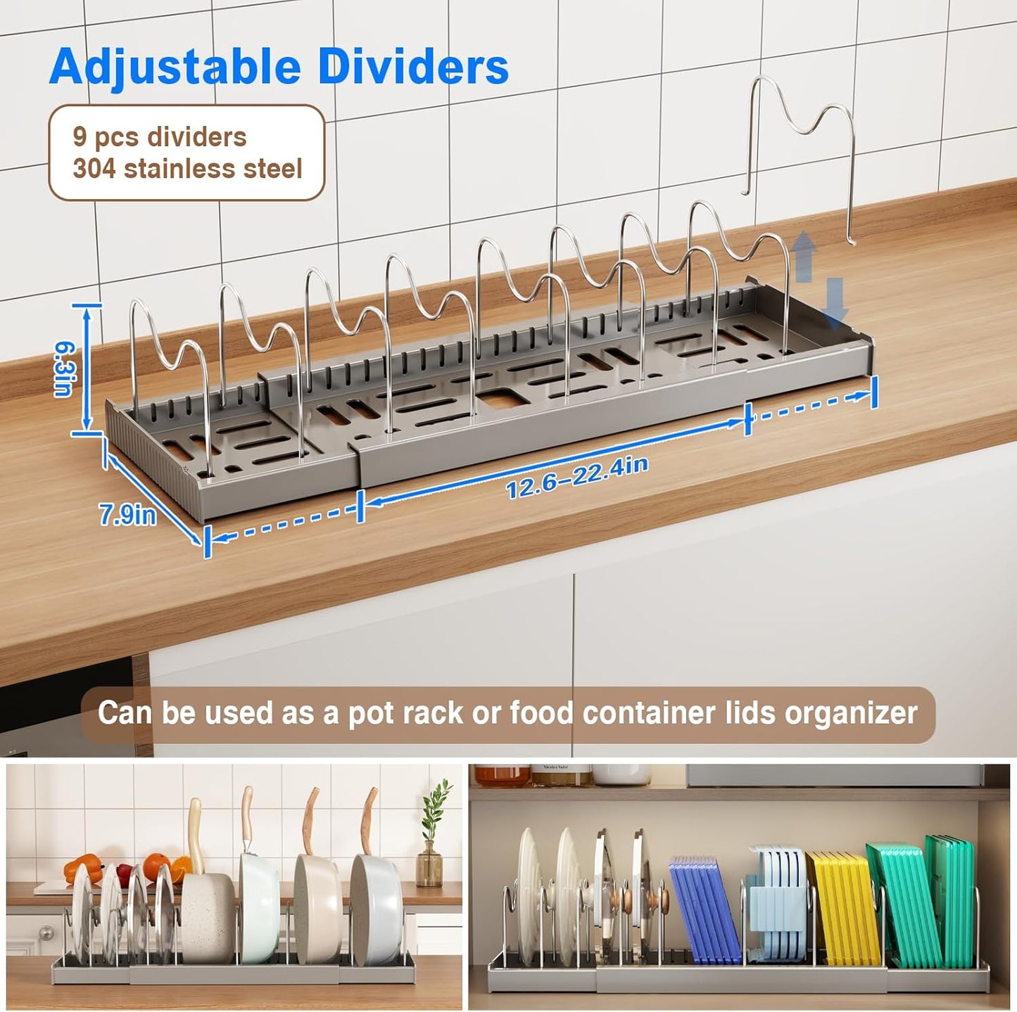 2 Pack Pots and Pans Organizer Under Cabinet, 22" Expandable Food Storage Container Lid Organizers with 9 Adjustable Dividers Pot and Pan Lid Holders Rack Inside Cabinet/Countertop(Gray)