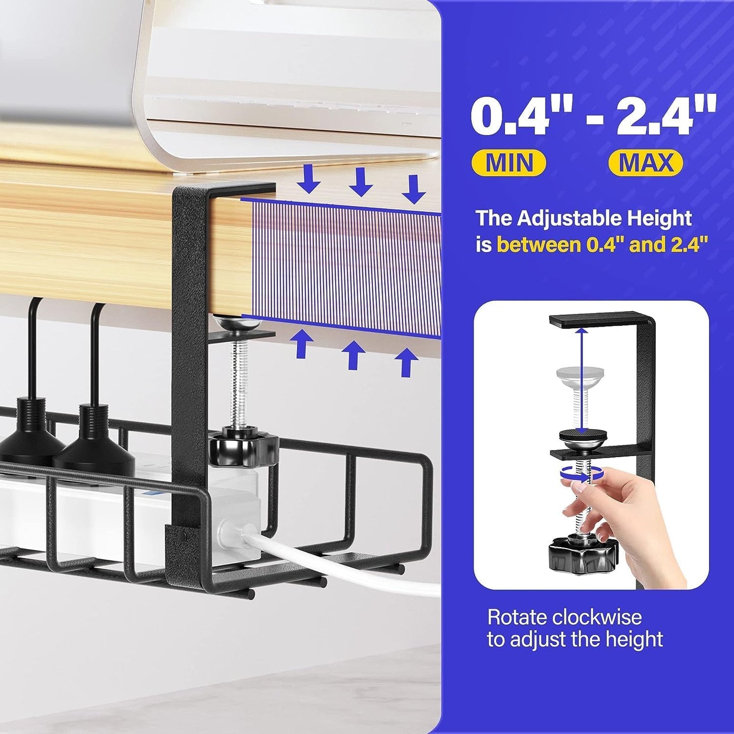 Under Desk Cable Management Tray, Xpatee Upgraded Wire Management No Drill No Screws, Cable Tray with Clamp for Wire Organizers, Computer Cord Rack for Office, Home - No Damage to Desk Black