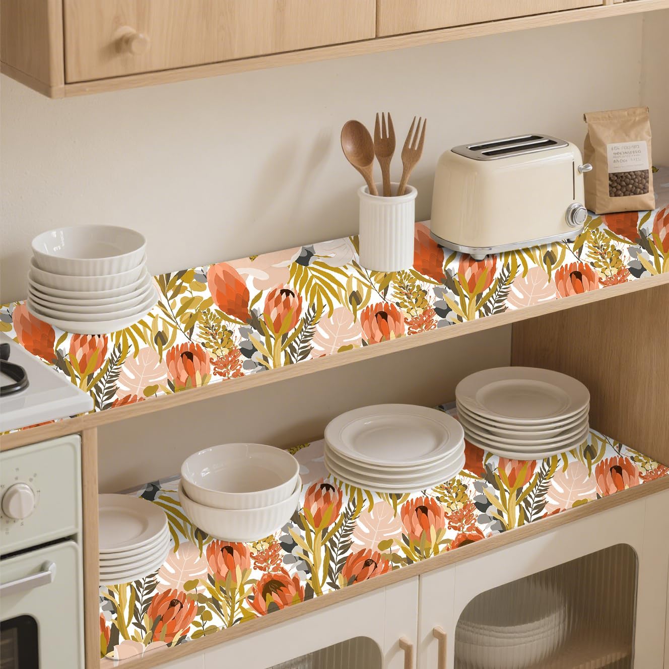 Floralplus Shelf Liner for Cabinet Kitchen Self Adhesive Waterproof Drawer Liner Vintage Floral Peel and Stick Contact Paper Wallpaper Countertop Bathroom Dresser Liners 17.7 x 78.7 in