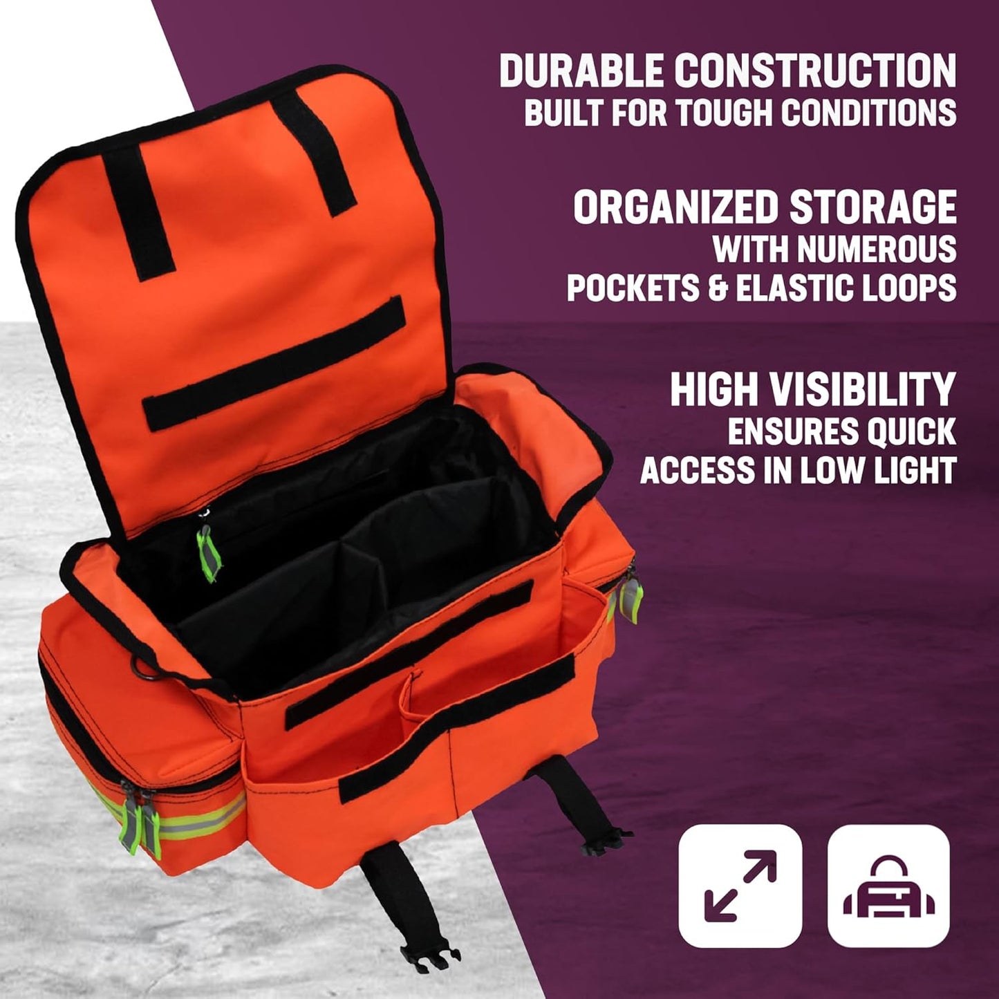 Kemp USA EMT First Responder Trauma Bag, Orange, First Aid & Survival Gear with High-Visibility Reflectors, Rapid Medical Response & Emergency Tools Organizer