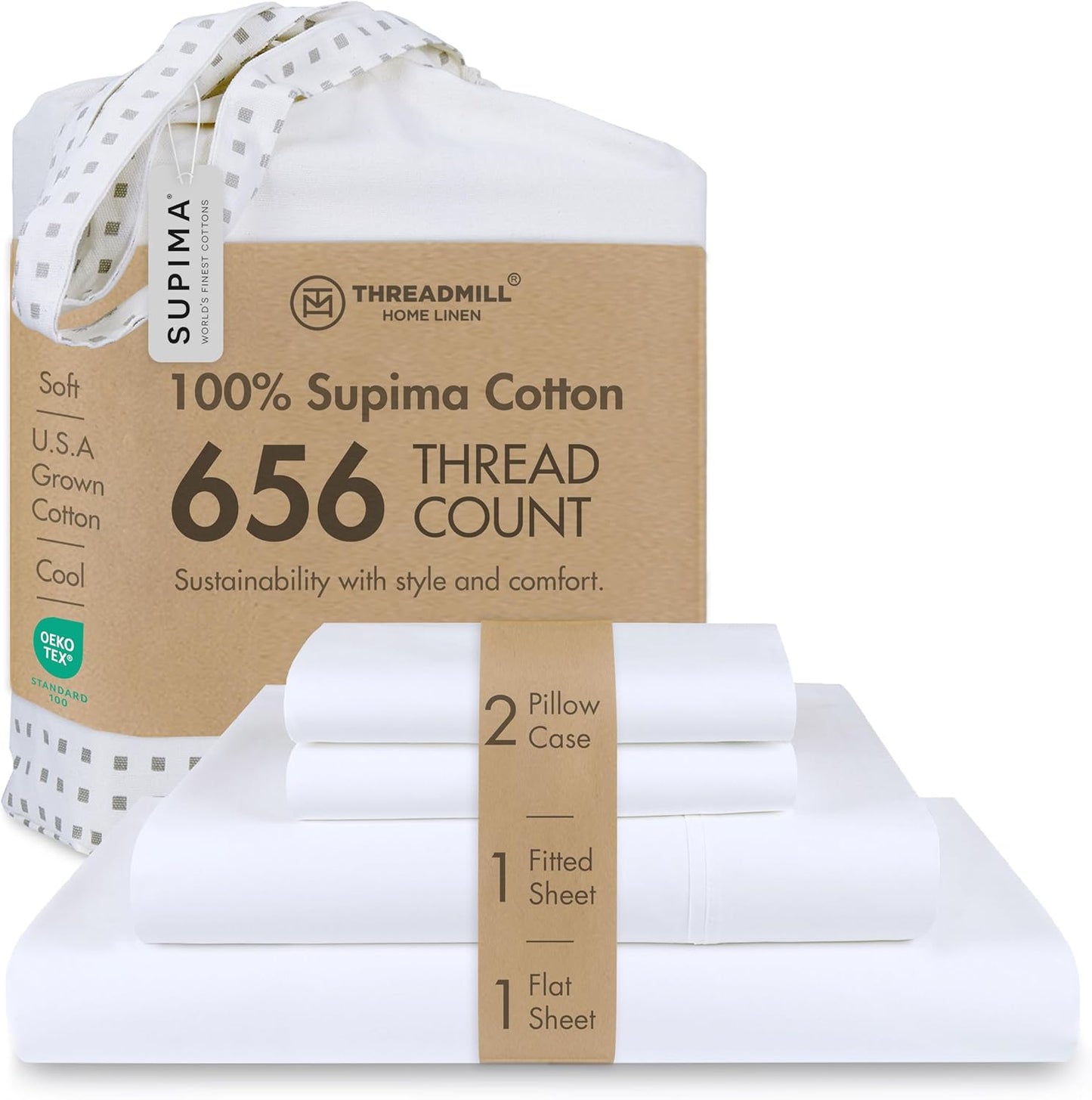 Threadmill Luxury Full Size Sheets | 656 Thread Count Certified Supima Cotton for Full Size Mattress | 5-Star Hotel Quality 4 Piece Bed Sheets with Extra Deep Pocket | White Sheets