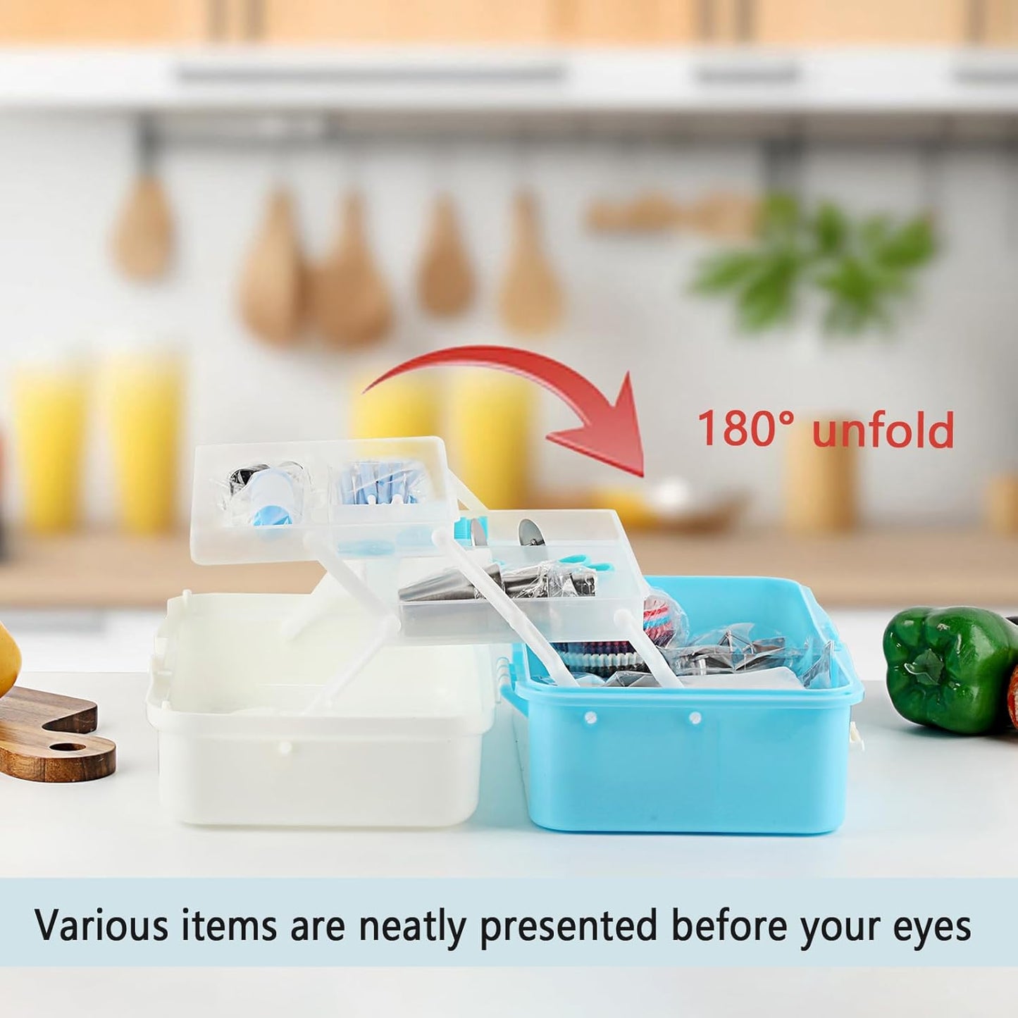 3-Tier Baking Supplies Storage Case Cake Plastic Decorating Tool Storage Box with Handle Folding Craft Organizer for Baking Accessories Snacks