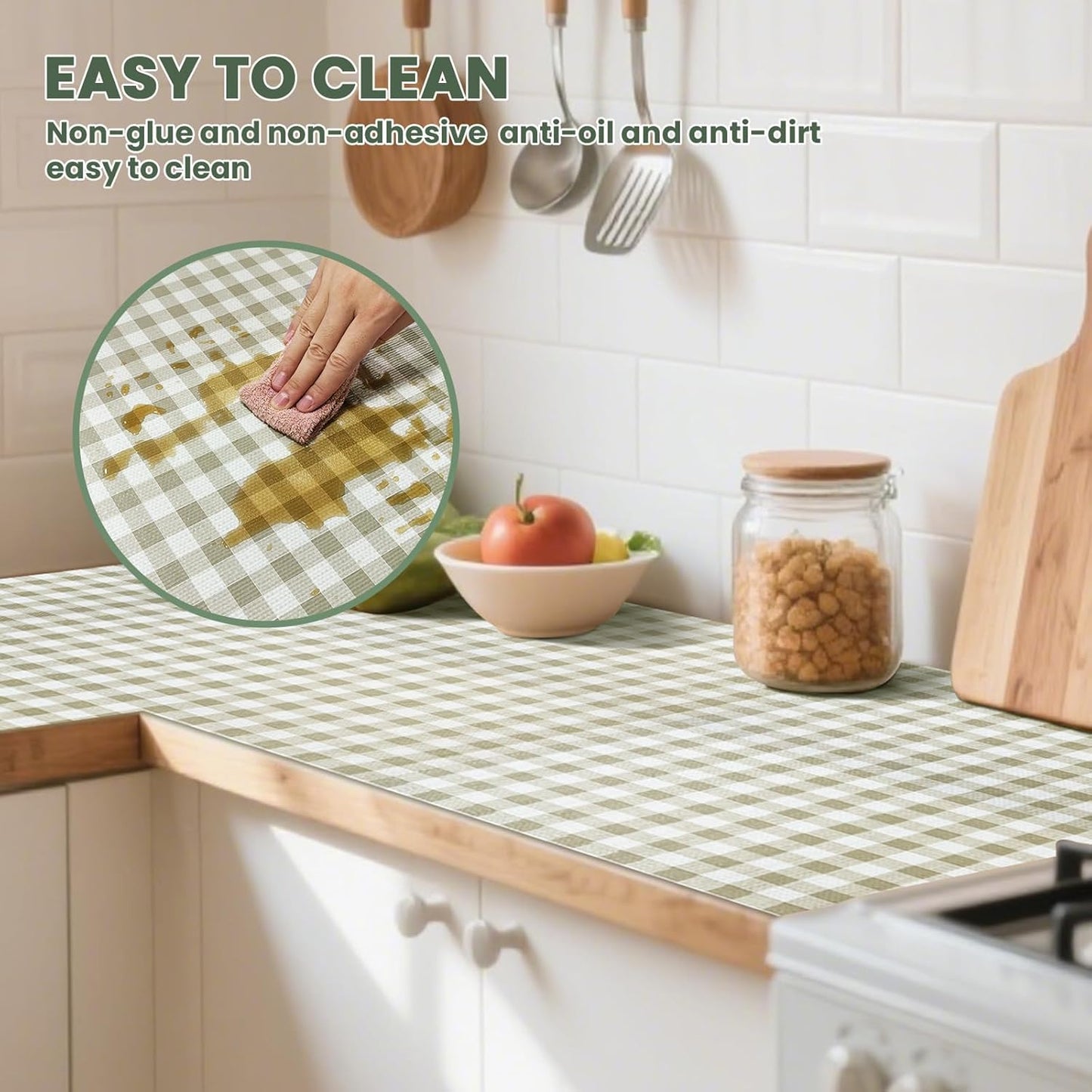 Drawer Liner and Shelf Liner for Kitchen Cabinet Liner Non-Adhesive Non-Slip Shelf Paper, Thick Strong Grip Waterproof Easy to Clean for Shelves, Cupboard, Desks, Green Plaid Pattern, 23.6 in x 20 FT