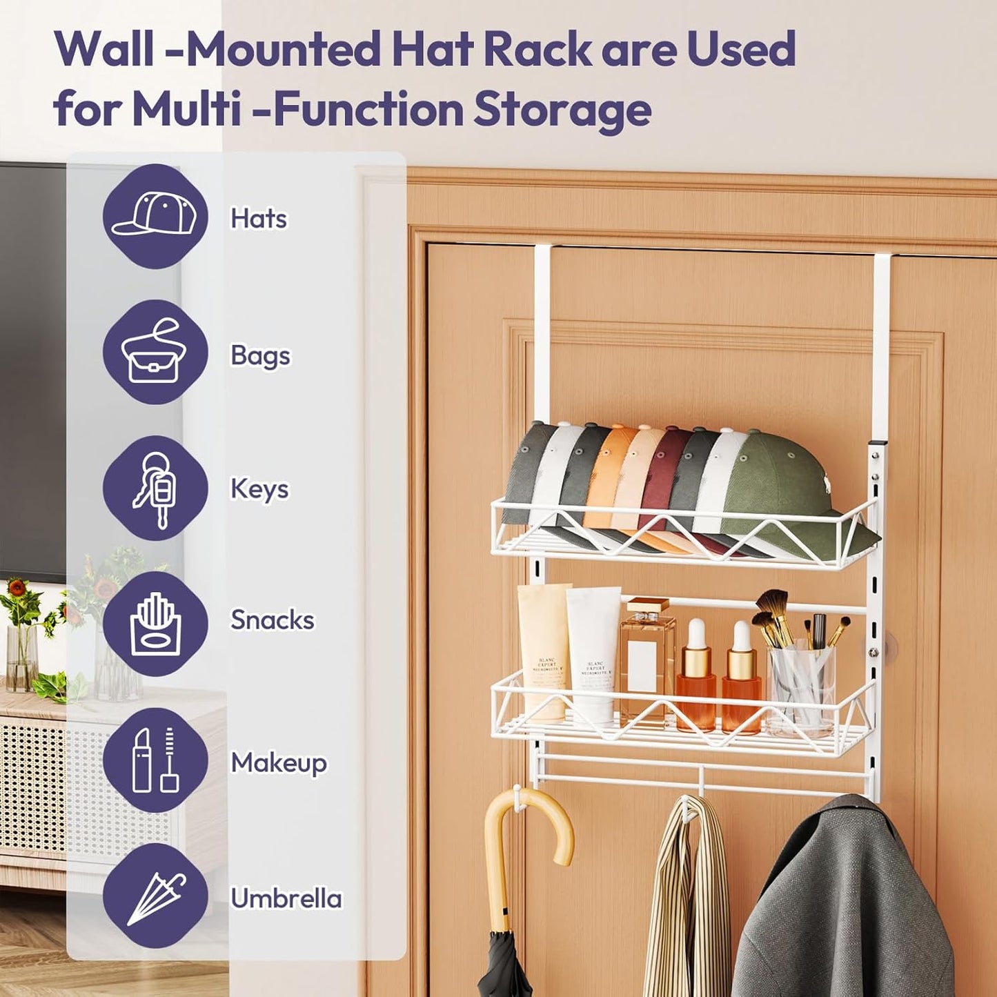 SWTYMIKI Over Door Hat Organizer - 3 Tier Wall Mounted Hat Rack with 2 Adjustable Metal Basket and 3 Hooks, Hanging Baseball Cap Organizer Storage Holds up to 29 Caps for Door, Bedroom, Closet