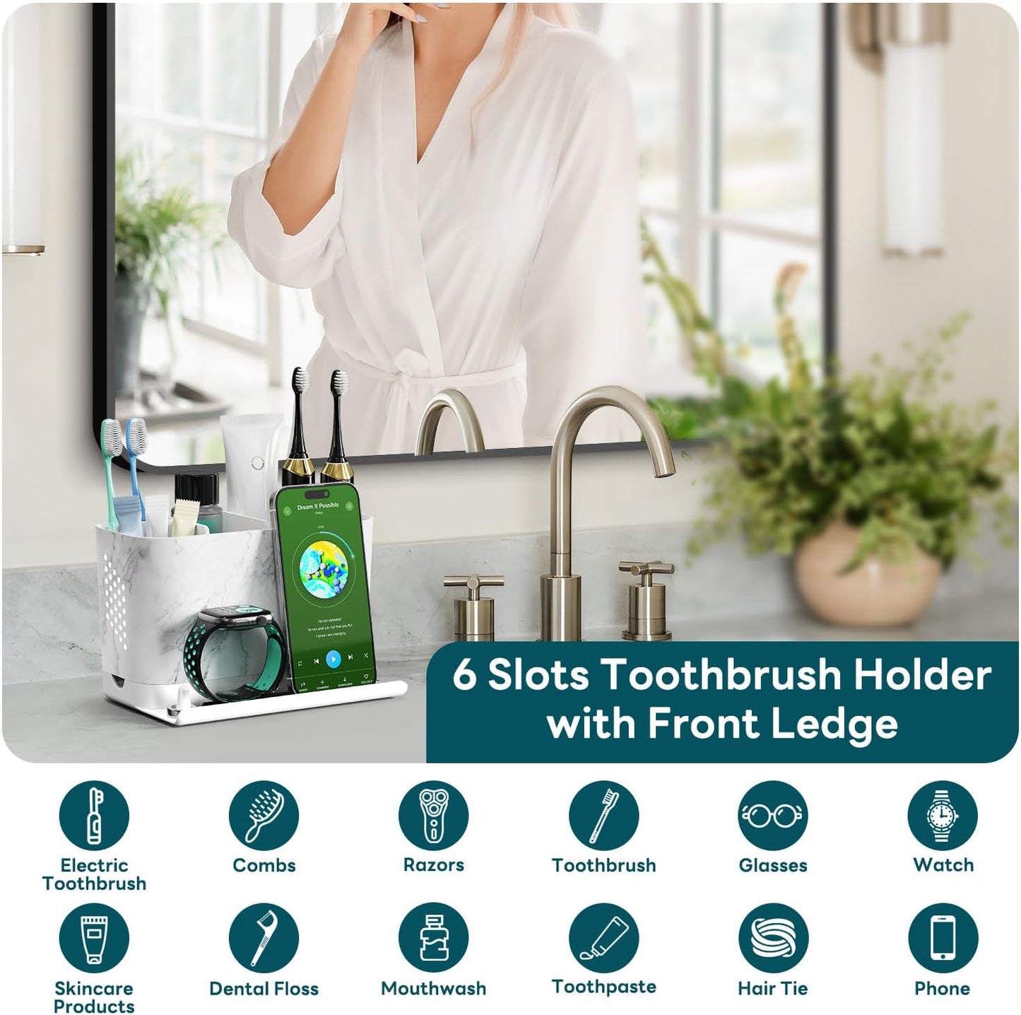 Toothbrush Holders, Toothbrush Caddy with Front Ledge and Cord Slots, Detachable Tooth Brush Holder for Bathroom Countertop, Shower, Vanity, Large Capacity 6 Slots Marble Bathroom Accessories